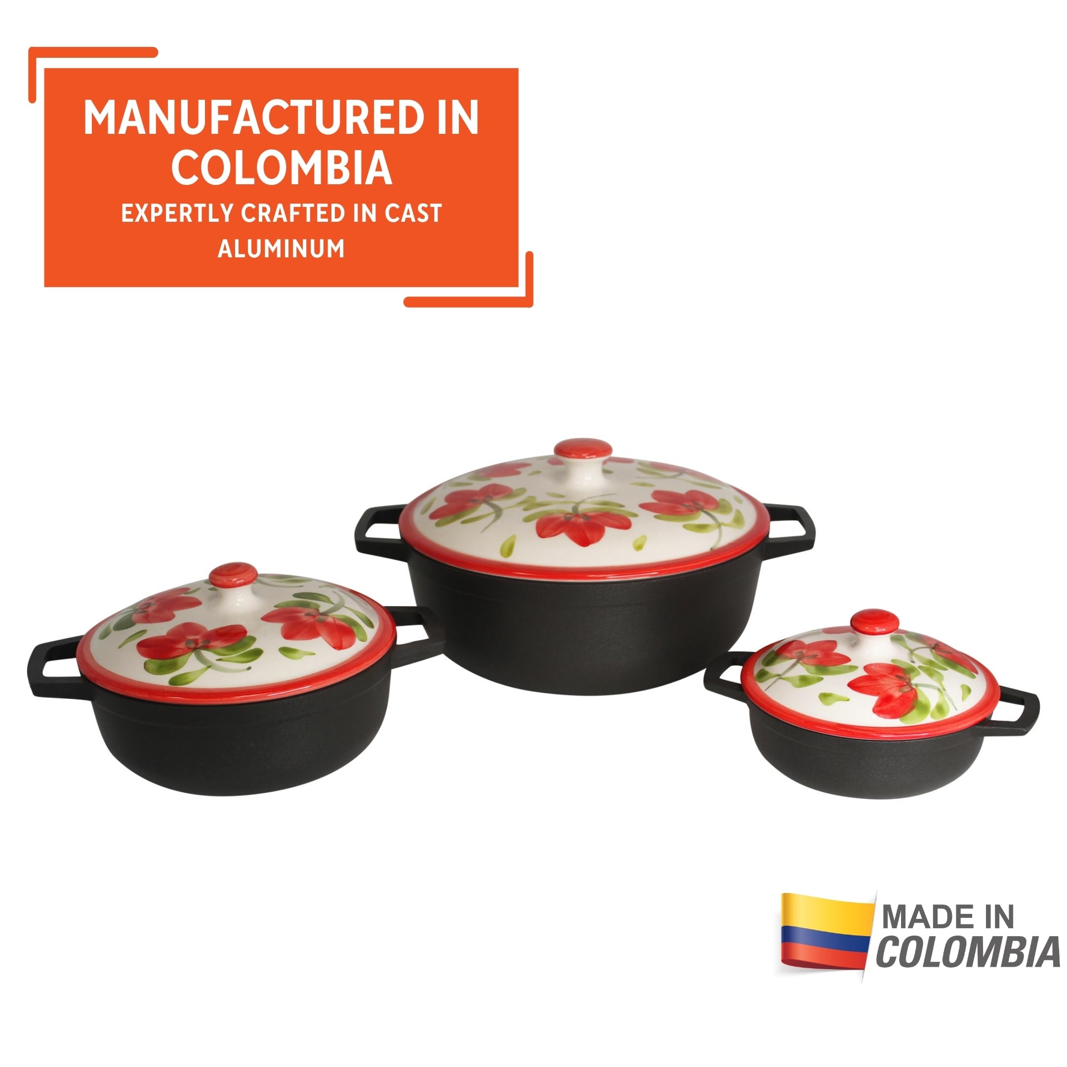 IMUSA 0.5/1.5/3.7qt Carmen de Viboral Cast Aluminum Nonstick Caldero 6pc Set with Floral Ceramic Lids (Drop Ship), Black - 14/18/24cm - Image 3