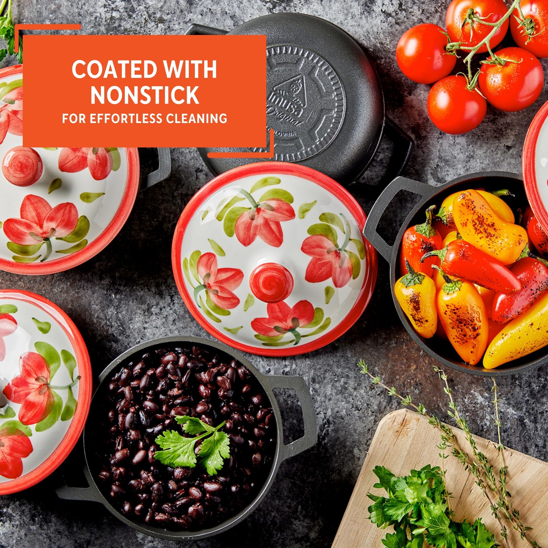 IMUSA 0.5/1.5/3.7qt Carmen de Viboral Cast Aluminum Nonstick Caldero 6pc Set with Floral Ceramic Lids (Drop Ship), Black - 14/18/24cm - Image 4