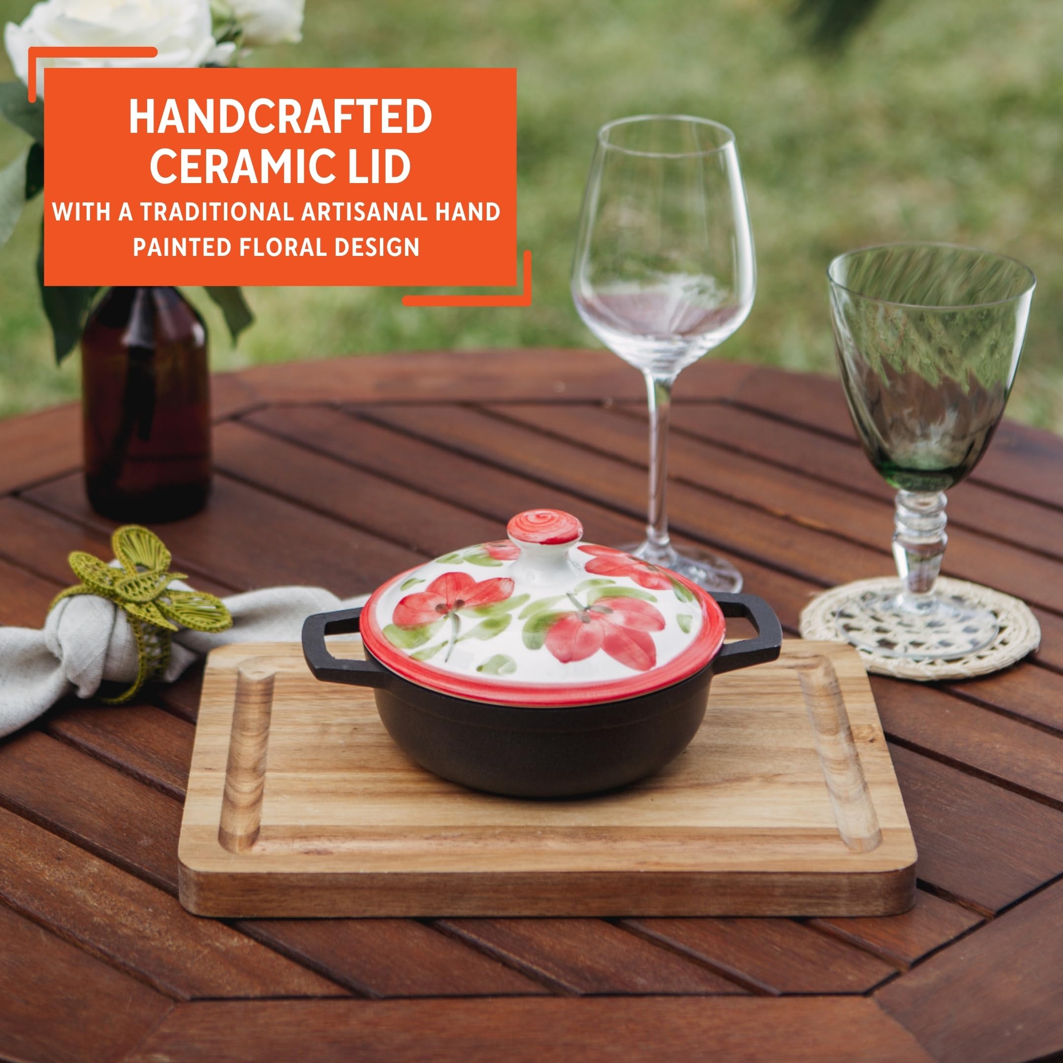 IMUSA 0.5/1.5/3.7qt Carmen de Viboral Cast Aluminum Nonstick Caldero 6pc Set with Floral Ceramic Lids (Drop Ship), Black - 14/18/24cm - Image 5