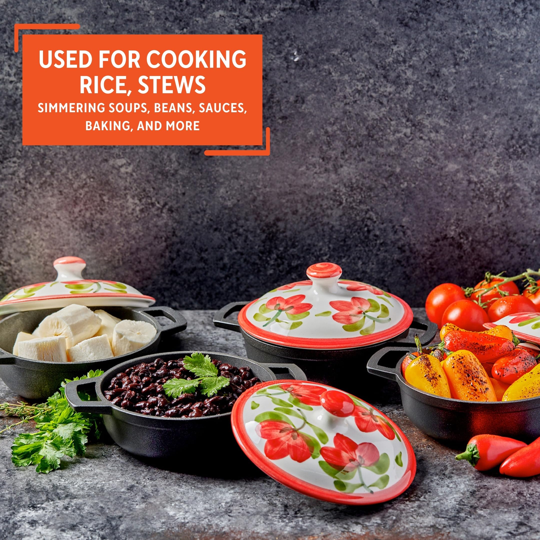 IMUSA 0.5/1.5/3.7qt Carmen de Viboral Cast Aluminum Nonstick Caldero 6pc Set with Floral Ceramic Lids (Drop Ship), Black - 14/18/24cm - Image 6