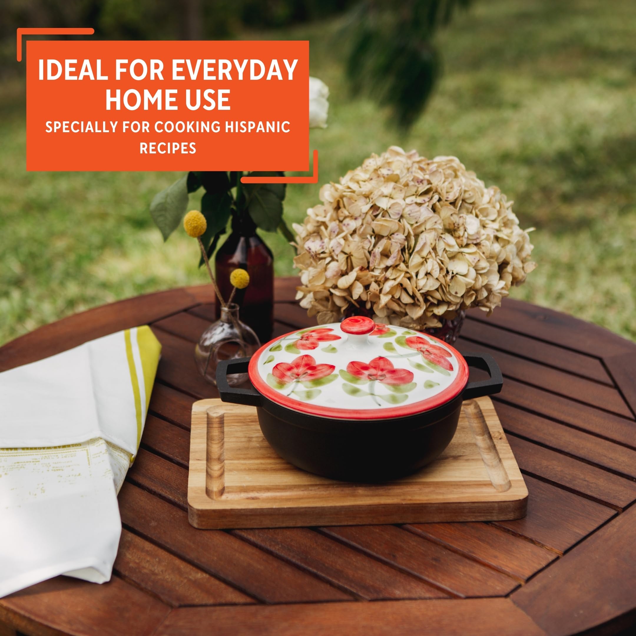 IMUSA 0.5/1.5/3.7qt Carmen de Viboral Cast Aluminum Nonstick Caldero 6pc Set with Floral Ceramic Lids (Drop Ship), Black - 14/18/24cm - Image 7