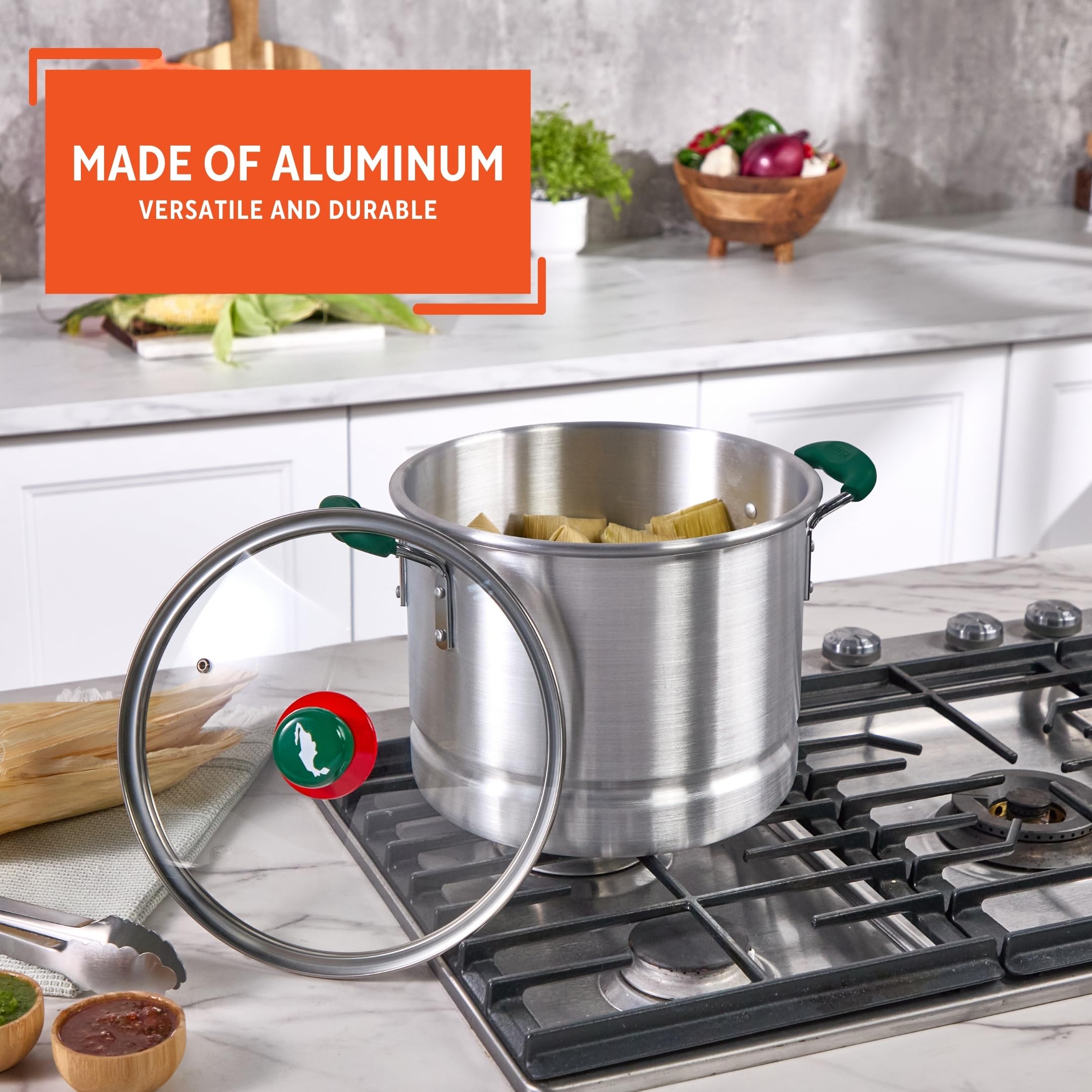 IMUSA 12Qt Aluminum Tamale Steamer Pot with Mexican Map Knob – Large Stock Pot with Steamer Insert, Green Handles & Glass Lid for Tamales, Seafood, Vegetables & Hispanic Recipes - Image 3