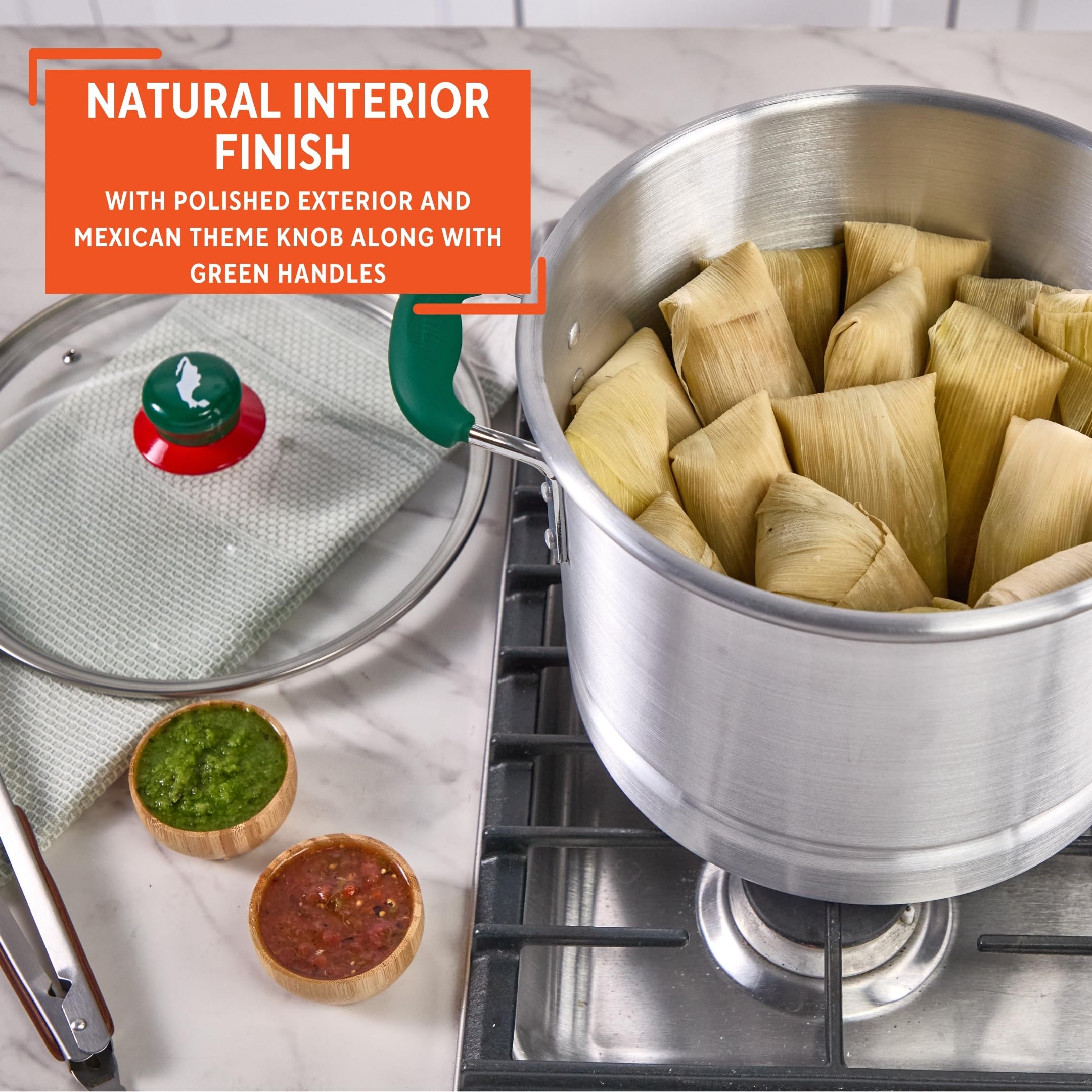 IMUSA 12Qt Aluminum Tamale Steamer Pot with Mexican Map Knob – Large Stock Pot with Steamer Insert, Green Handles & Glass Lid for Tamales, Seafood, Vegetables & Hispanic Recipes - Image 4