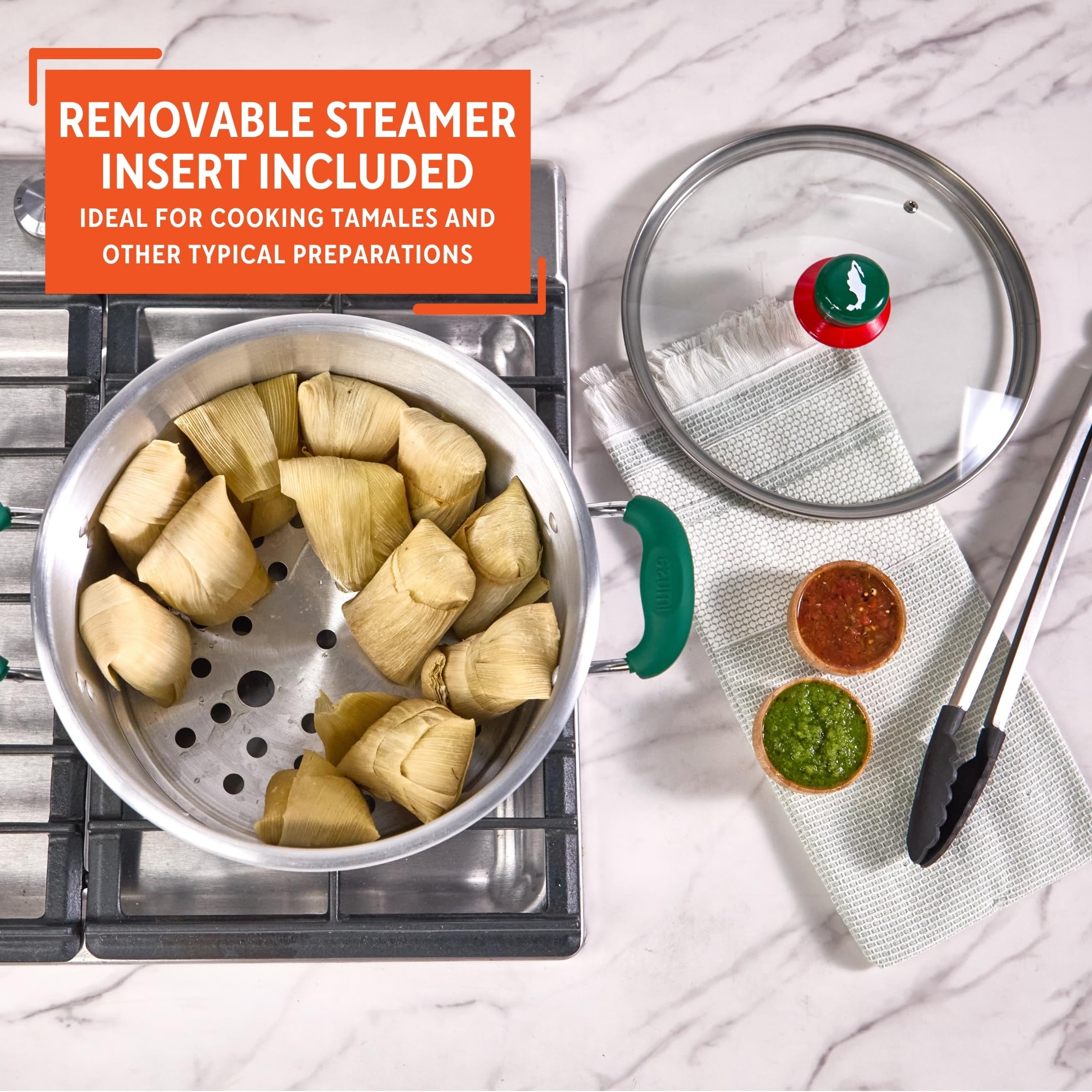IMUSA 12Qt Aluminum Tamale Steamer Pot with Mexican Map Knob – Large Stock Pot with Steamer Insert, Green Handles & Glass Lid for Tamales, Seafood, Vegetables & Hispanic Recipes - Image 5