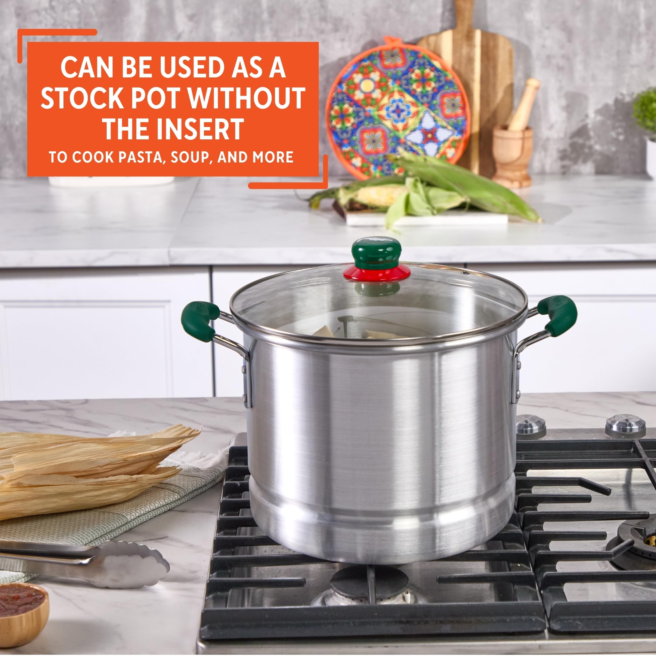 IMUSA 12Qt Aluminum Tamale Steamer Pot with Mexican Map Knob – Large Stock Pot with Steamer Insert, Green Handles & Glass Lid for Tamales, Seafood, Vegetables & Hispanic Recipes - Image 6