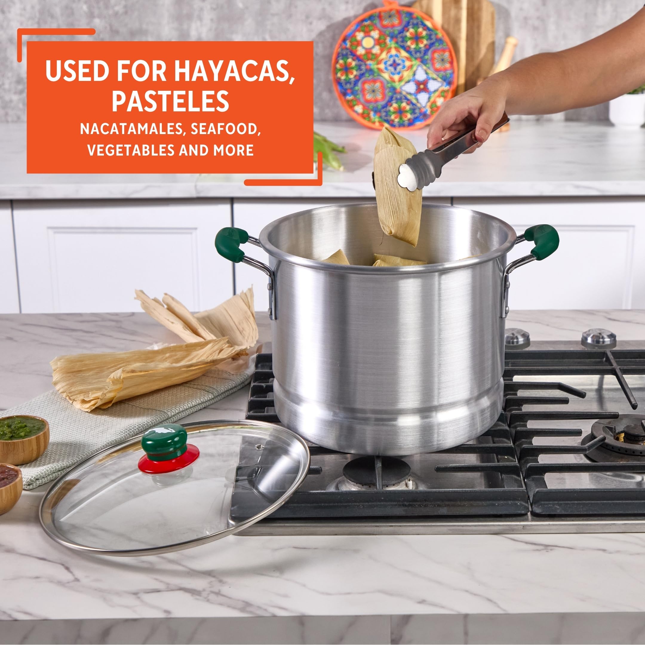 IMUSA 12Qt Aluminum Tamale Steamer Pot with Mexican Map Knob – Large Stock Pot with Steamer Insert, Green Handles & Glass Lid for Tamales, Seafood, Vegetables & Hispanic Recipes - Image 7