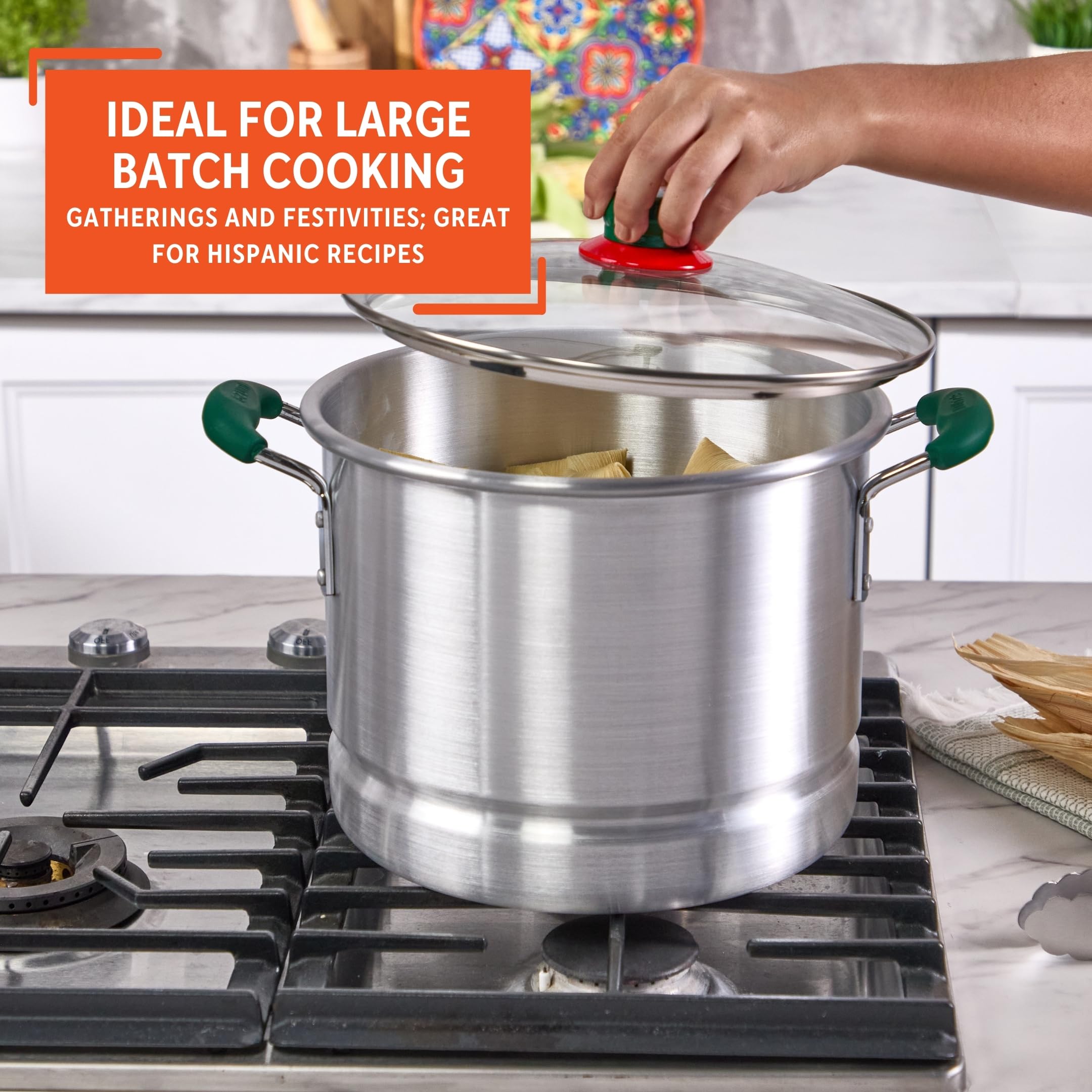 IMUSA 12Qt Aluminum Tamale Steamer Pot with Mexican Map Knob – Large Stock Pot with Steamer Insert, Green Handles & Glass Lid for Tamales, Seafood, Vegetables & Hispanic Recipes - Image 8