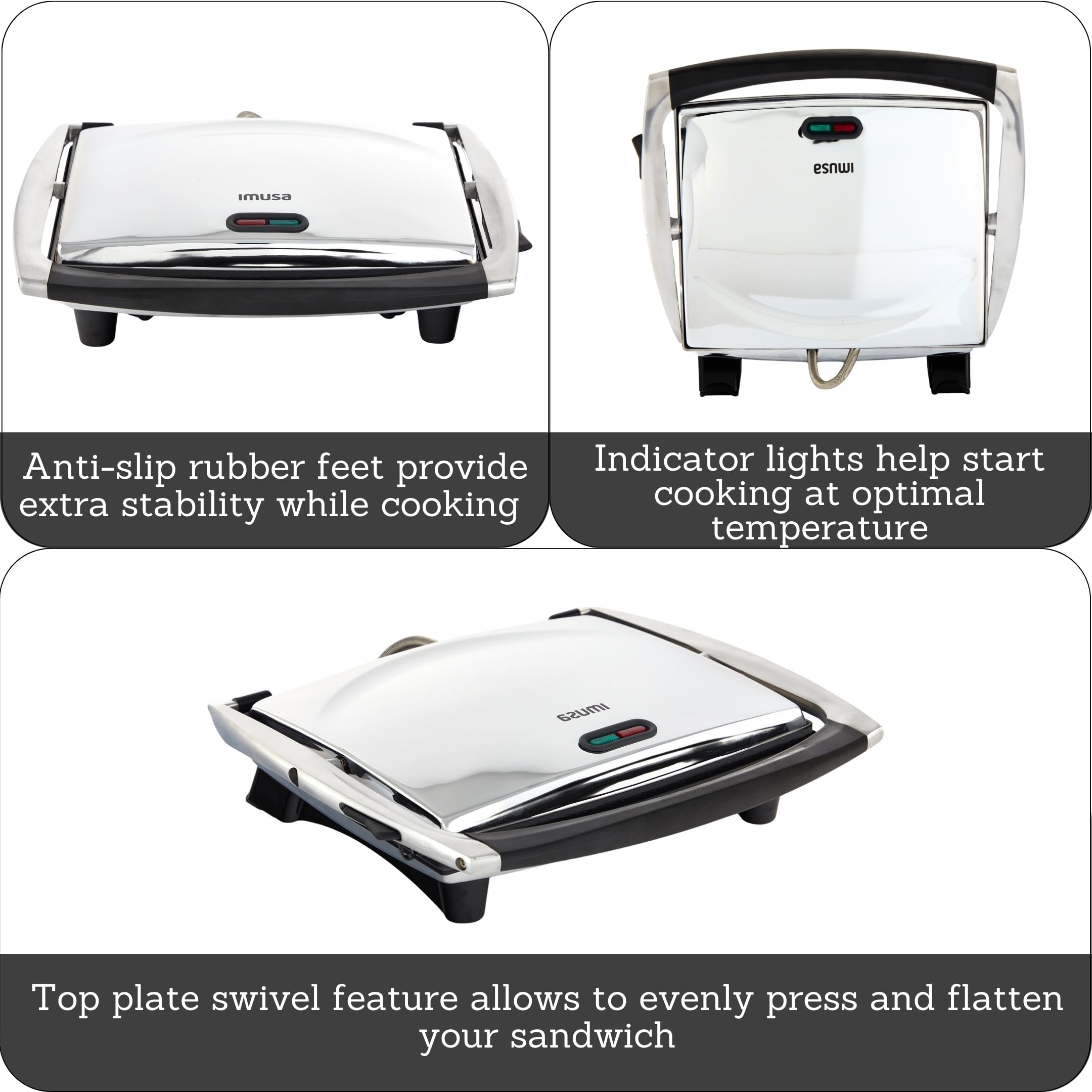 IMUSA 12x10in Stainless Steel Electric Panini Press with Temperature Control, Nonstick Plates for Sandwiches, Grilled Paninis, Quesadillas, and More - Image 3