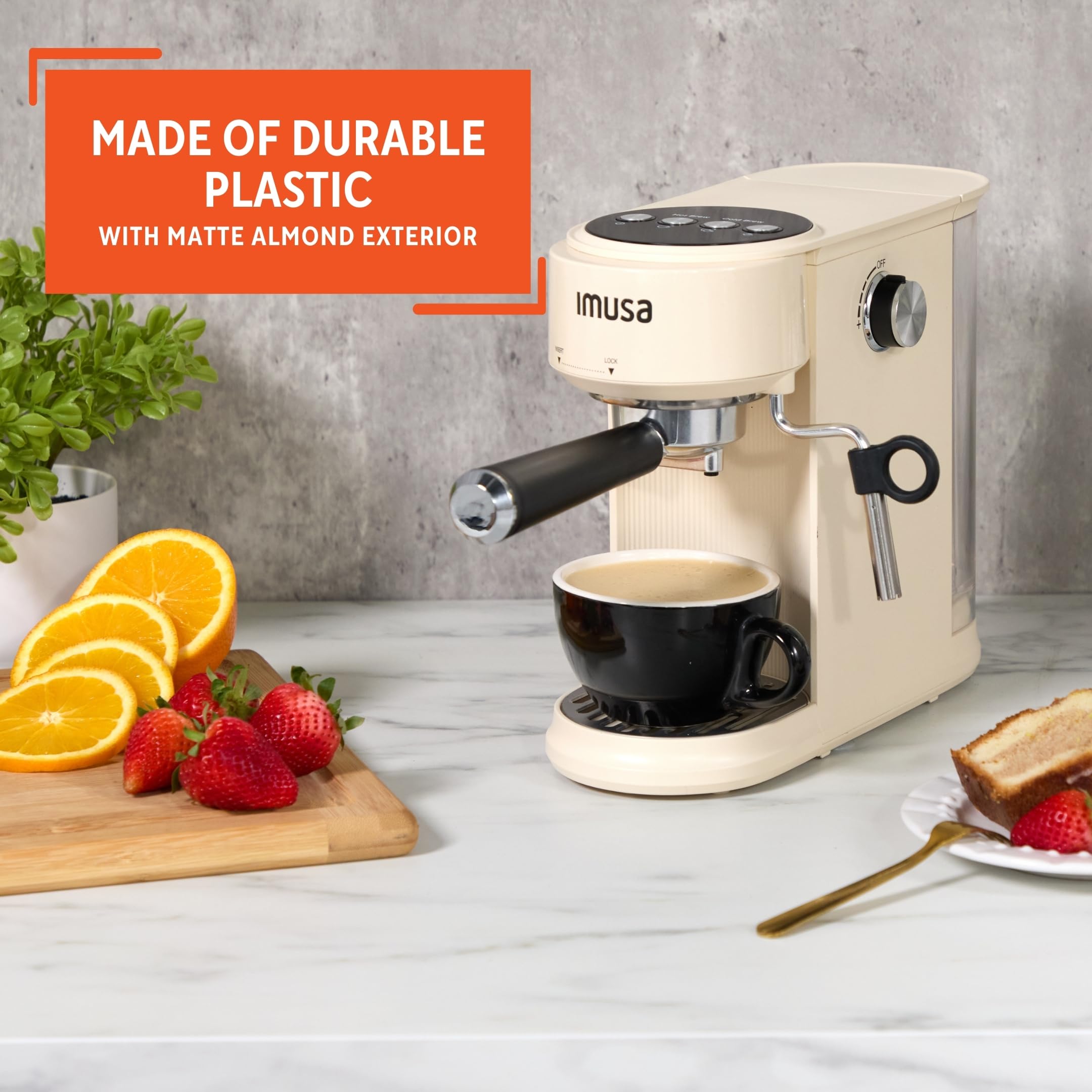 IMUSA 20 Bar Espresso Machine with Milk Frother, Compact 1-2 Cup Espresso & Cappuccino Maker, Thermoblock Fast Heating Coffee Machine, Hot & Iced Latte, Macchiato & Mocha Maker, Matte Almond - Image 3