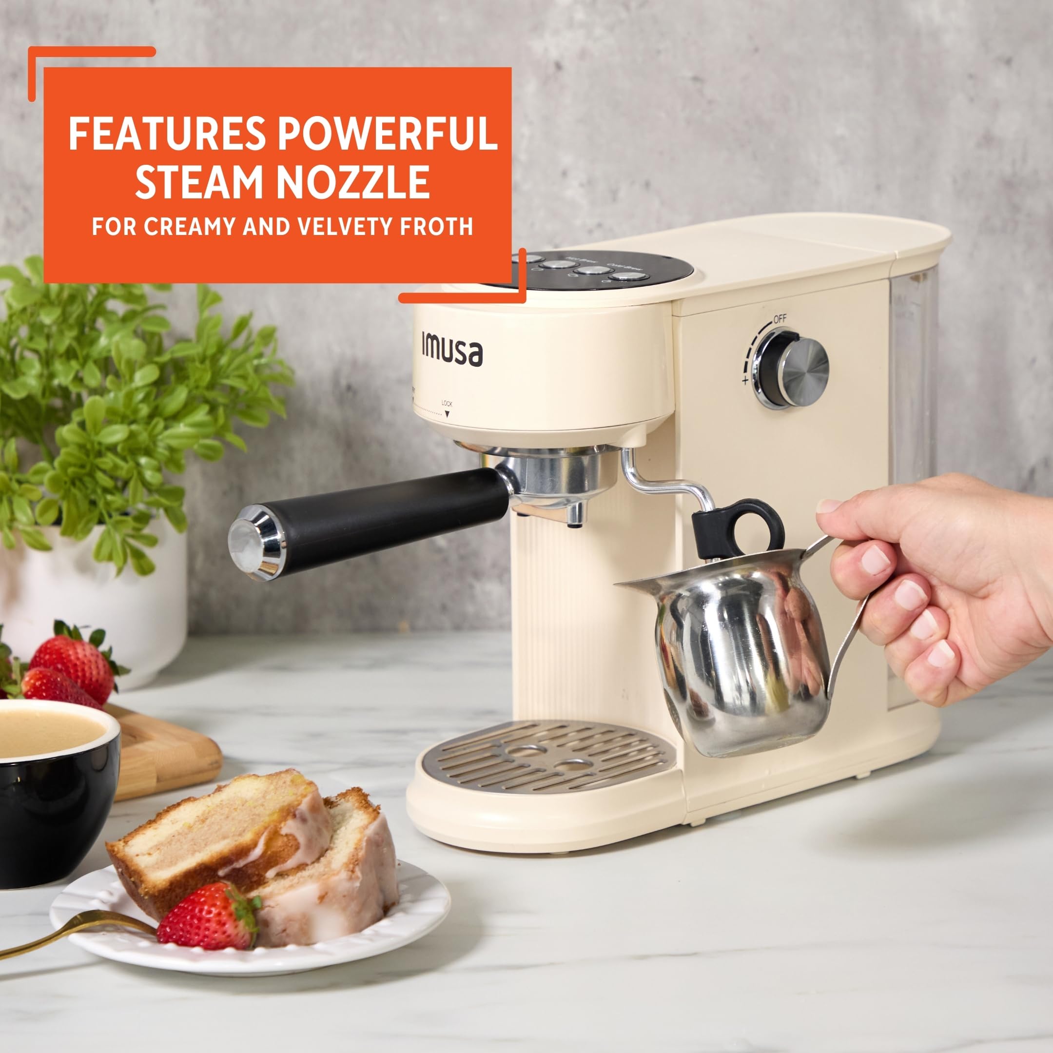 IMUSA 20 Bar Espresso Machine with Milk Frother, Compact 1-2 Cup Espresso & Cappuccino Maker, Thermoblock Fast Heating Coffee Machine, Hot & Iced Latte, Macchiato & Mocha Maker, Matte Almond - Image 5