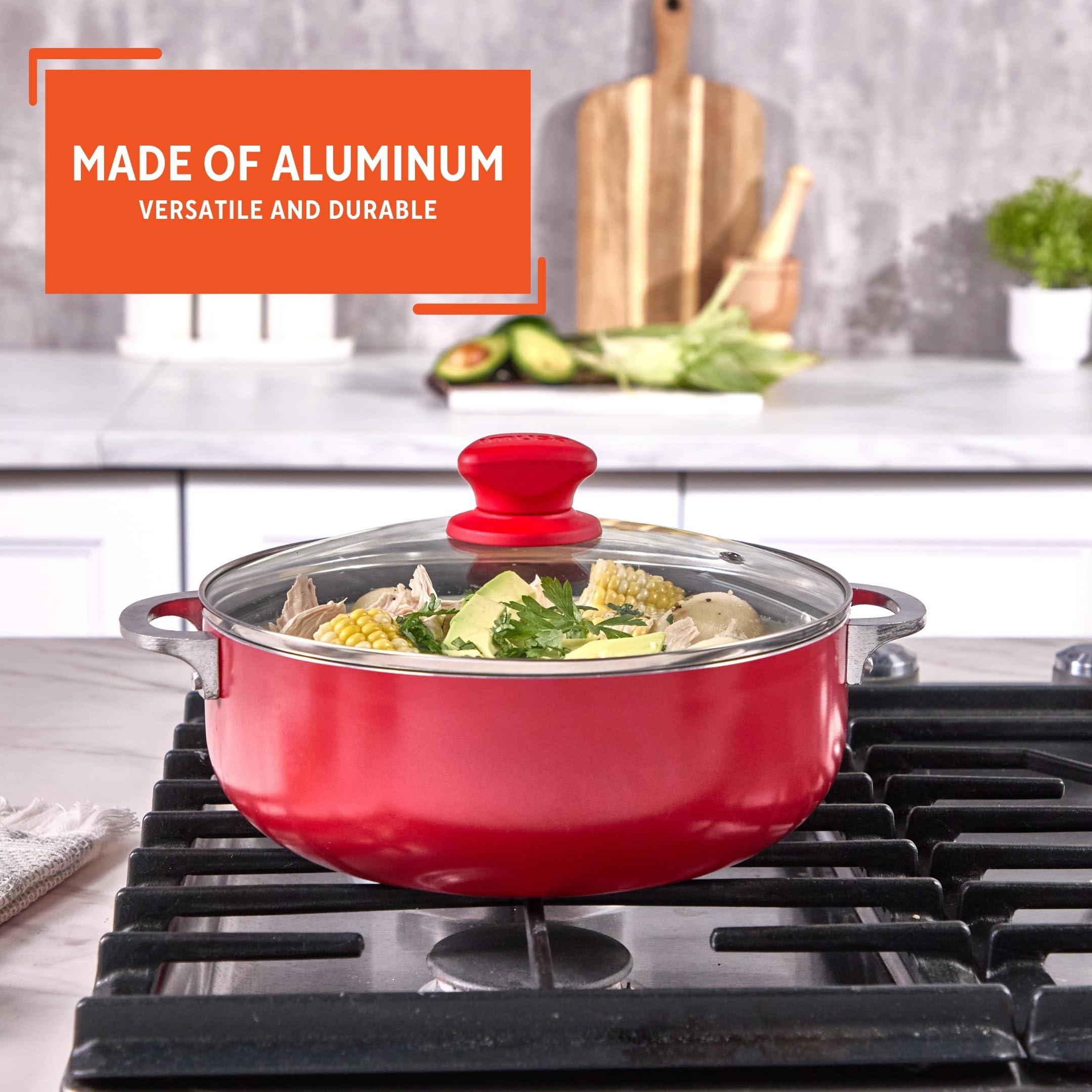 IMUSA 3.2 Qt Red Aluminum Dutch Oven with Black Ceramic Nonstick, Glass Lid & Riveted Handles – Oven Safe Caldero for Everyday Cooking - Image 3