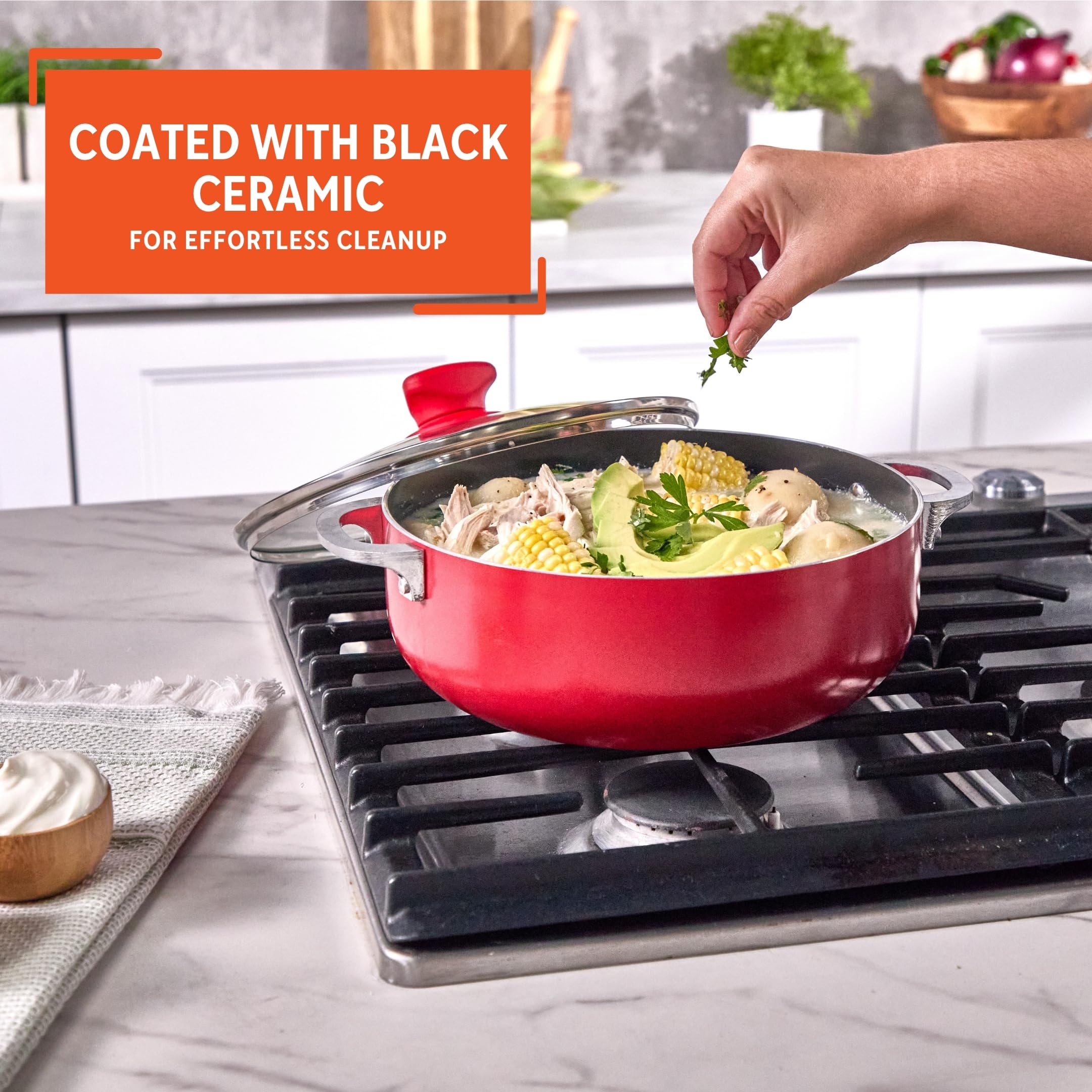 IMUSA 3.2 Qt Red Aluminum Dutch Oven with Black Ceramic Nonstick, Glass Lid & Riveted Handles – Oven Safe Caldero for Everyday Cooking - Image 4