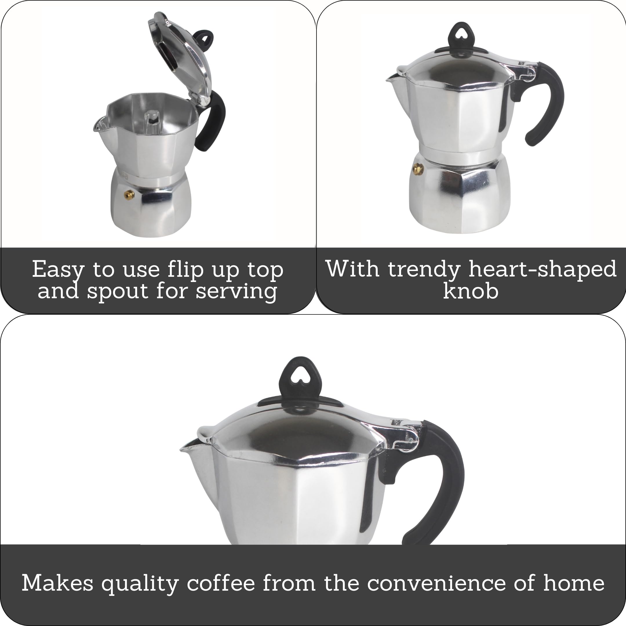 Imusa 3 Cup Stovetop Espresso Maker with Heart Shaped Knob, Silver - Image 3