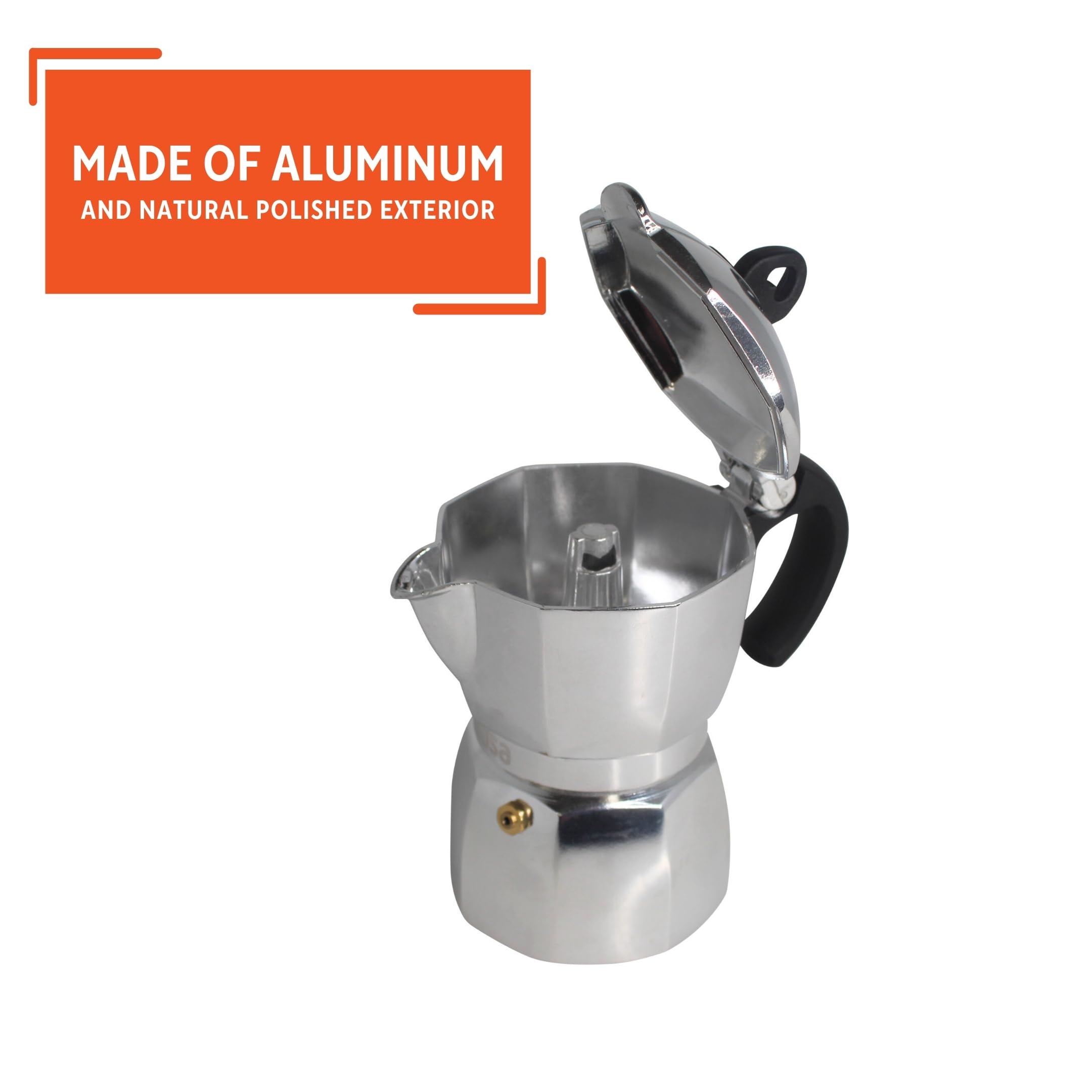 Imusa 3 Cup Stovetop Espresso Maker with Heart Shaped Knob, Silver - Image 4