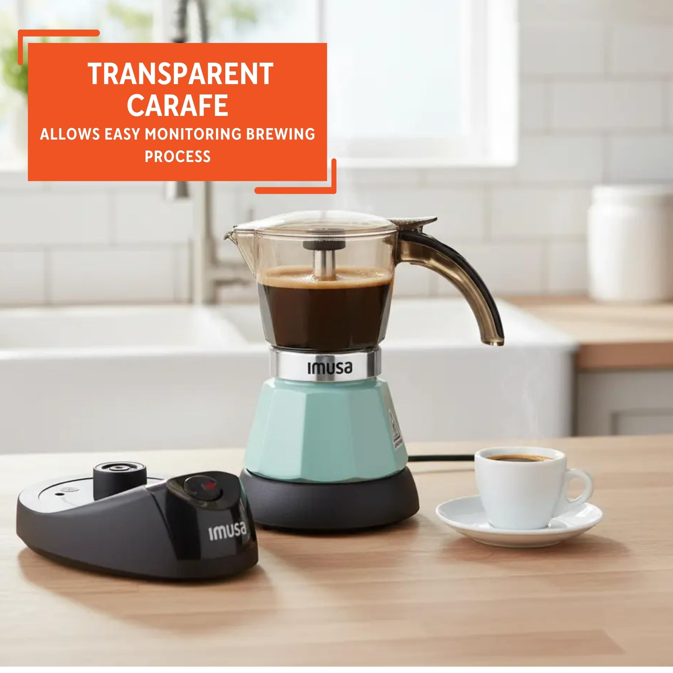 IMUSA 3 or 2 Cup Electric Mint Espresso Maker, Compact Moka Coffee Machine with Keep Warm Function, Detachable Base, Cuban & Italian Coffee Brewer, Mint & Black - Image 4