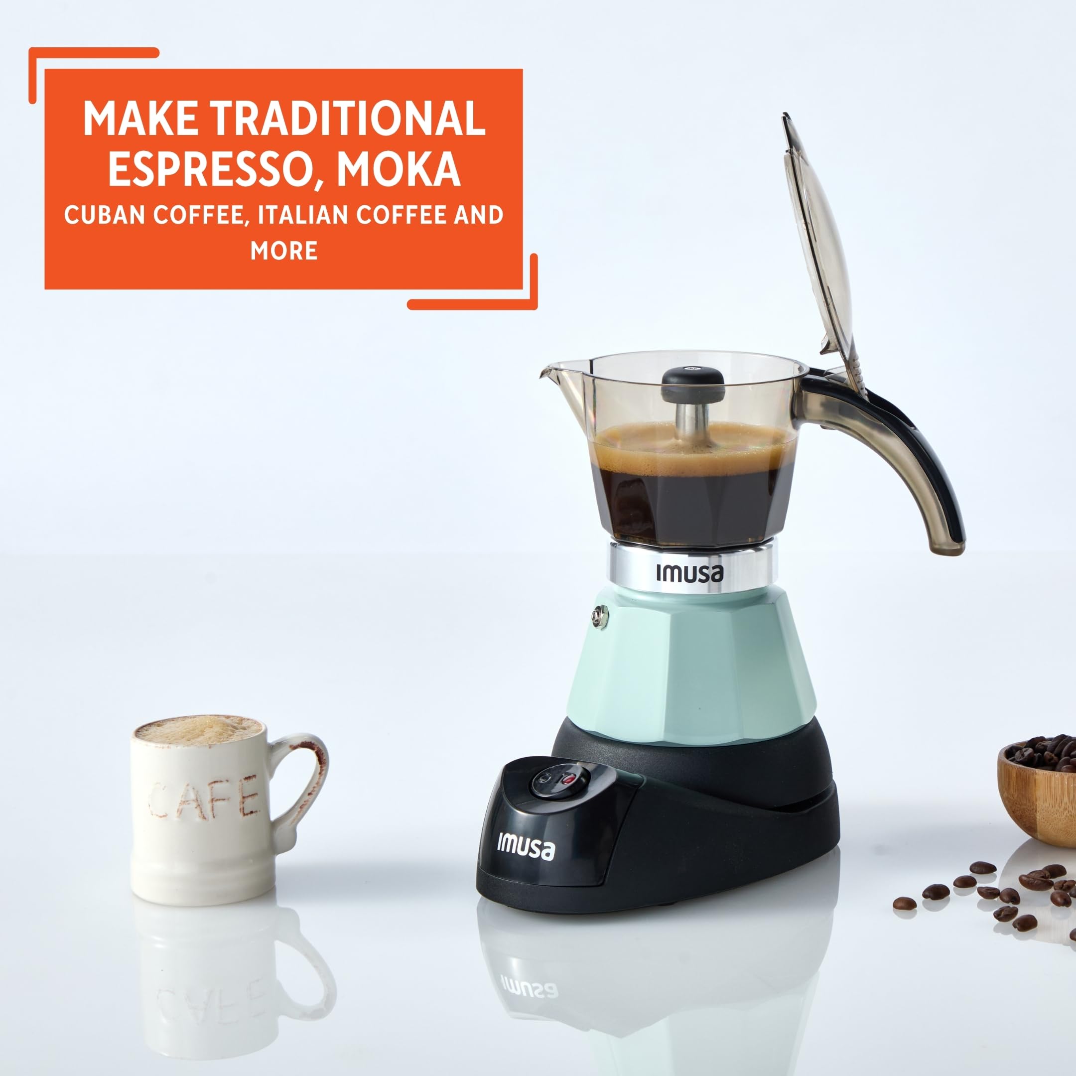 IMUSA 3 or 2 Cup Electric Mint Espresso Maker, Compact Moka Coffee Machine with Keep Warm Function, Detachable Base, Cuban & Italian Coffee Brewer, Mint & Black - Image 5