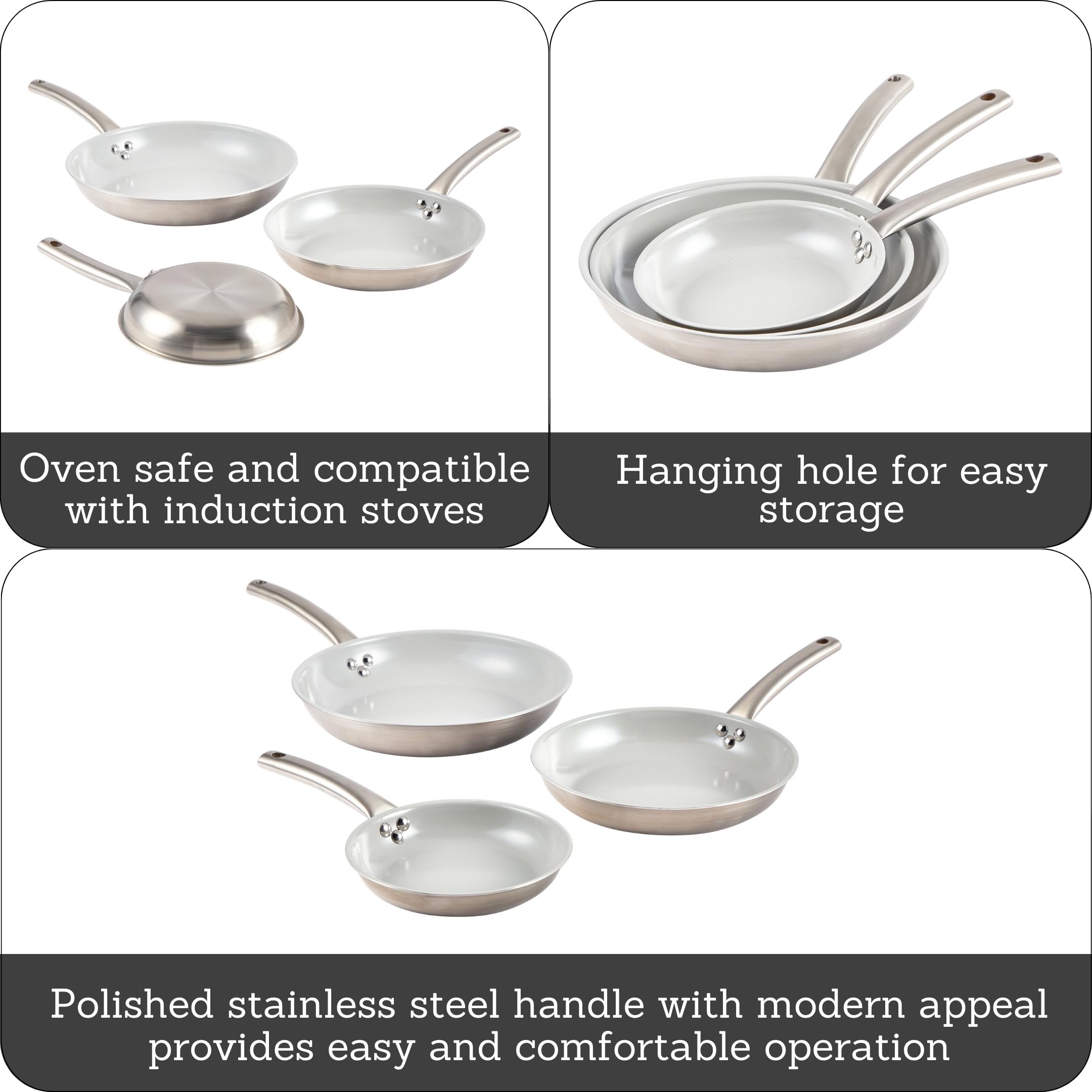 IMUSA 3-Piece Fry Pan Set 8”, 10” & 12” | Ceramic Nonstick Stainless Steel Induction Cookware | Aluminum Skillet Set for Frying, Sautéing & Stir Fry | Oven Safe Cookware with Comfortable Handles - Image 3