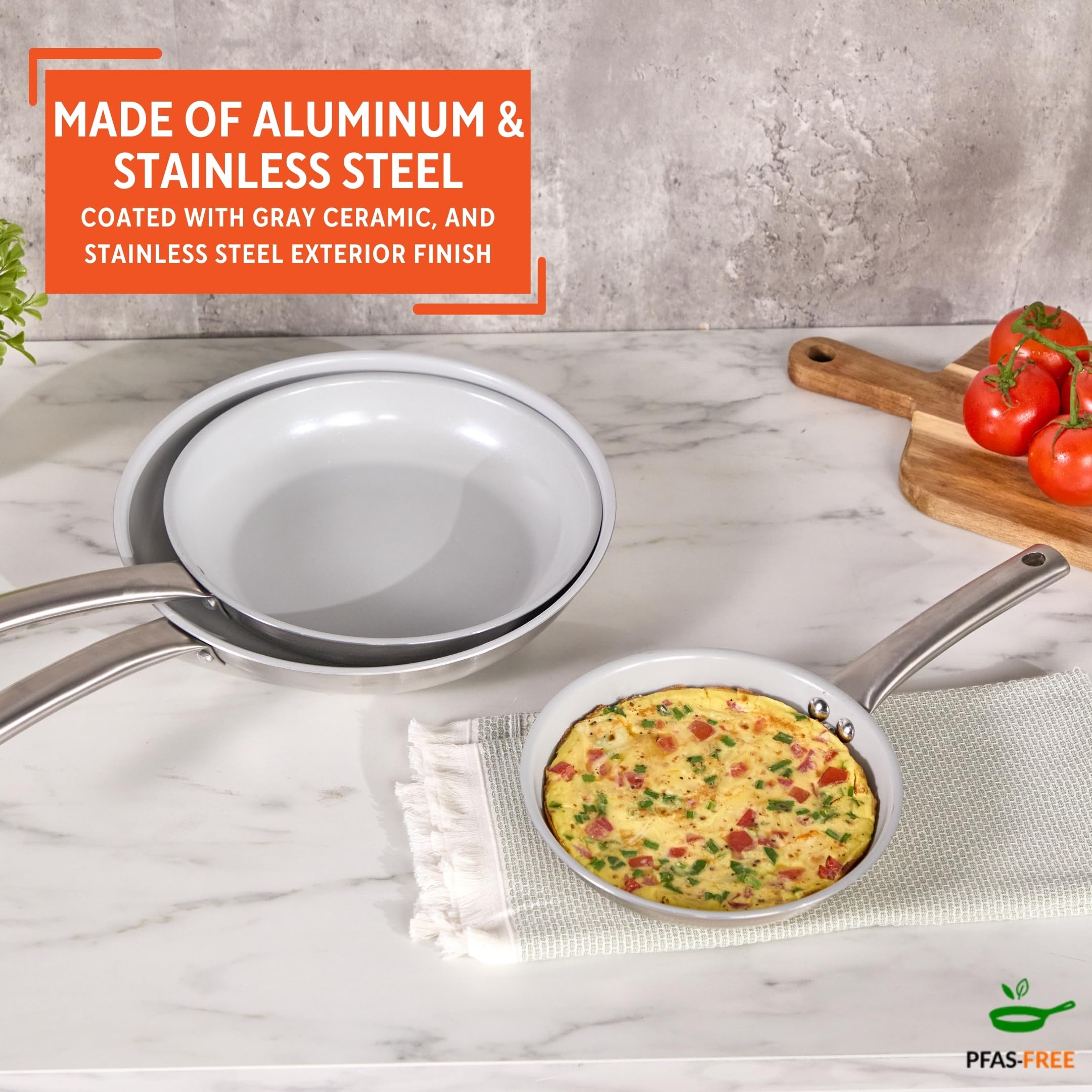 IMUSA 3-Piece Fry Pan Set 8”, 10” & 12” | Ceramic Nonstick Stainless Steel Induction Cookware | Aluminum Skillet Set for Frying, Sautéing & Stir Fry | Oven Safe Cookware with Comfortable Handles - Image 4