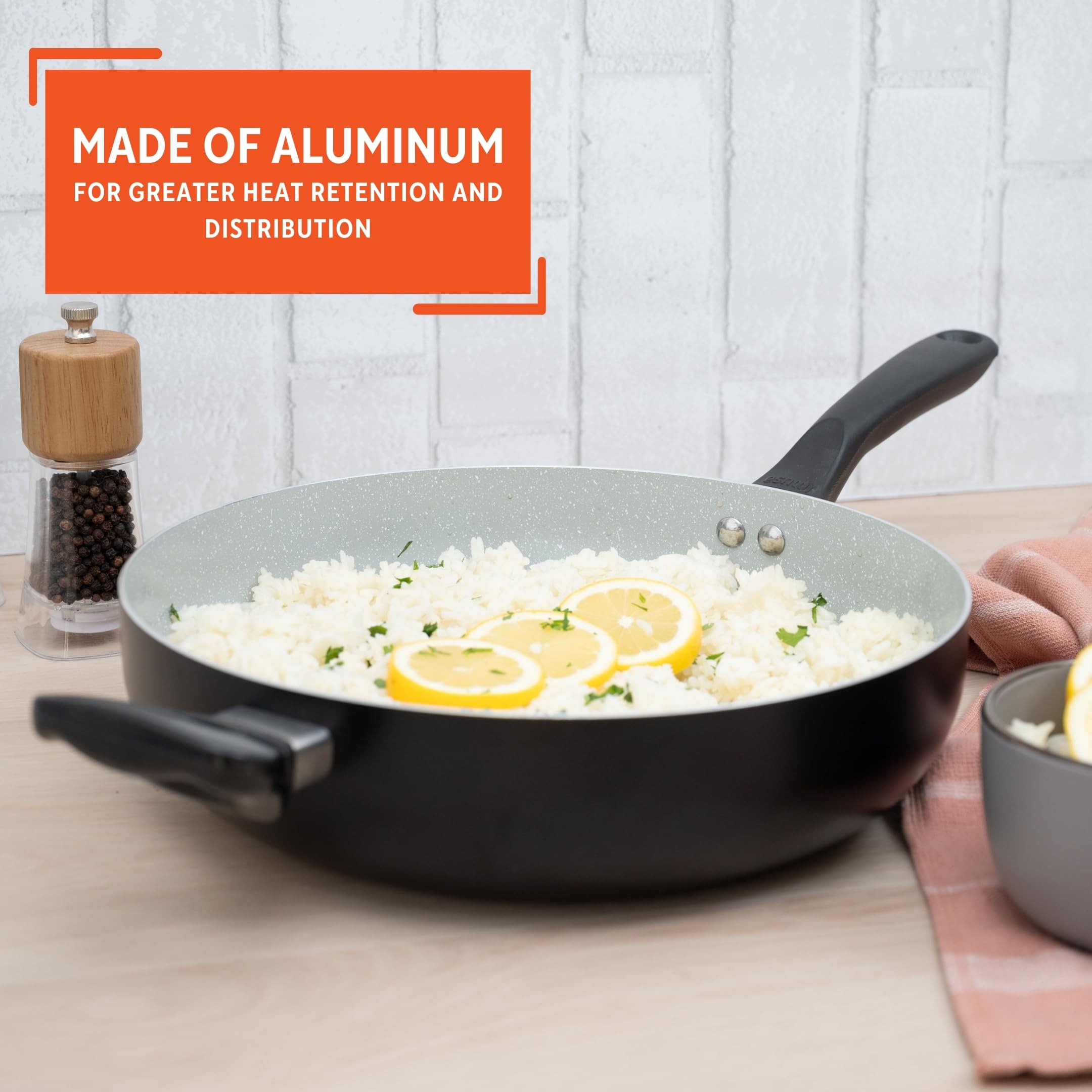 IMUSA 4 Qt Premier Cera Jumbo Cooker – Gray Speckled Ceramic Nonstick Deep Sauté Pan with Cool Touch Handles, Helper Handle, and Matte Black Exterior for Pasta, Meats & Vegetables - Image 3