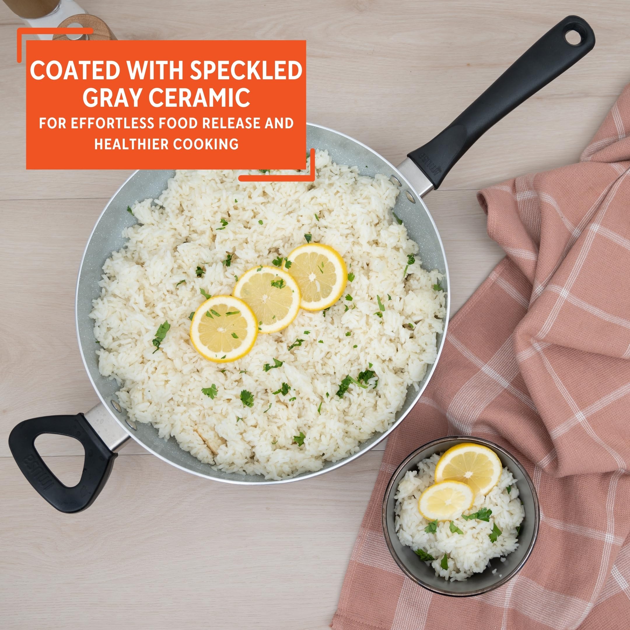 IMUSA 4 Qt Premier Cera Jumbo Cooker – Gray Speckled Ceramic Nonstick Deep Sauté Pan with Cool Touch Handles, Helper Handle, and Matte Black Exterior for Pasta, Meats & Vegetables - Image 4