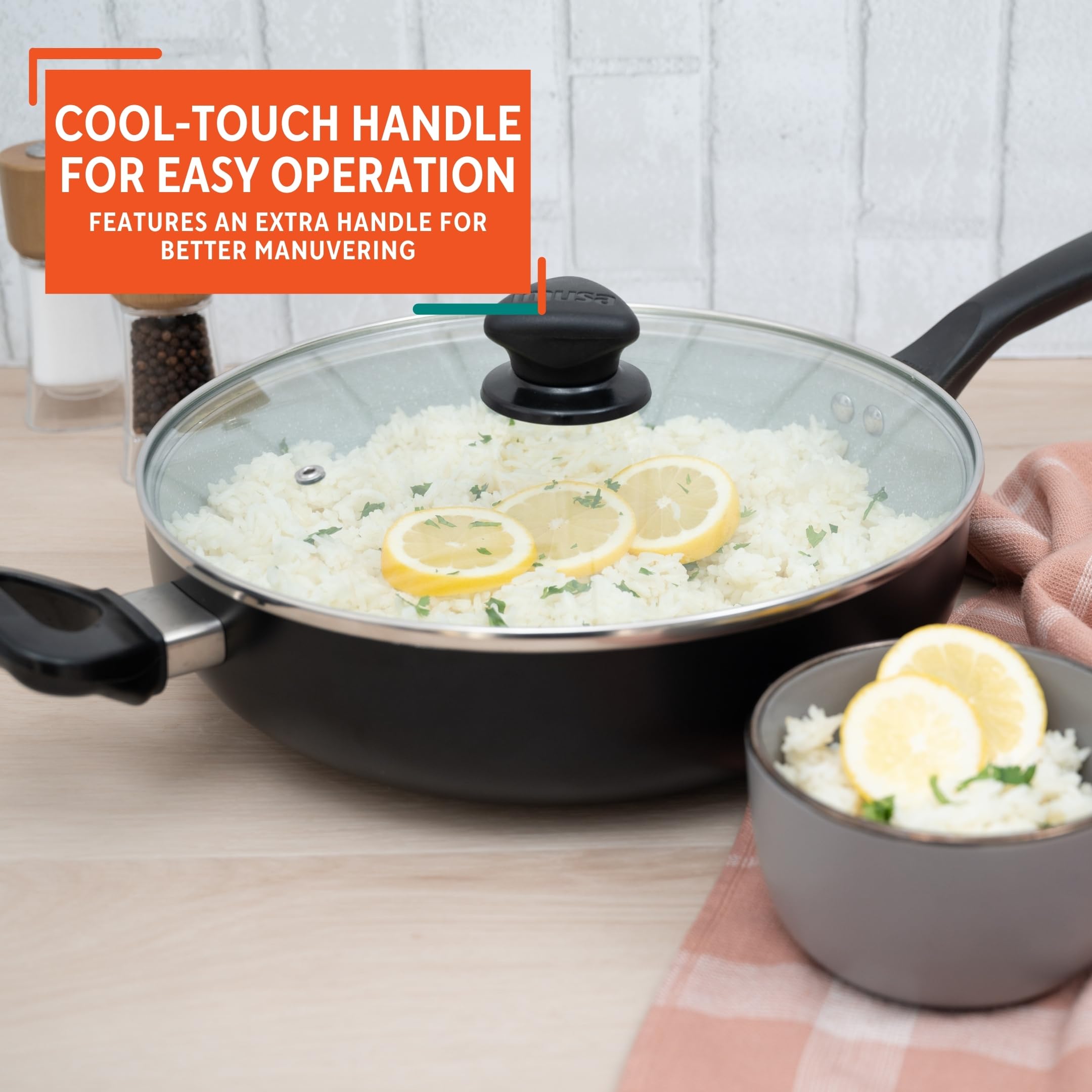 IMUSA 4 Qt Premier Cera Jumbo Cooker – Gray Speckled Ceramic Nonstick Deep Sauté Pan with Cool Touch Handles, Helper Handle, and Matte Black Exterior for Pasta, Meats & Vegetables - Image 5