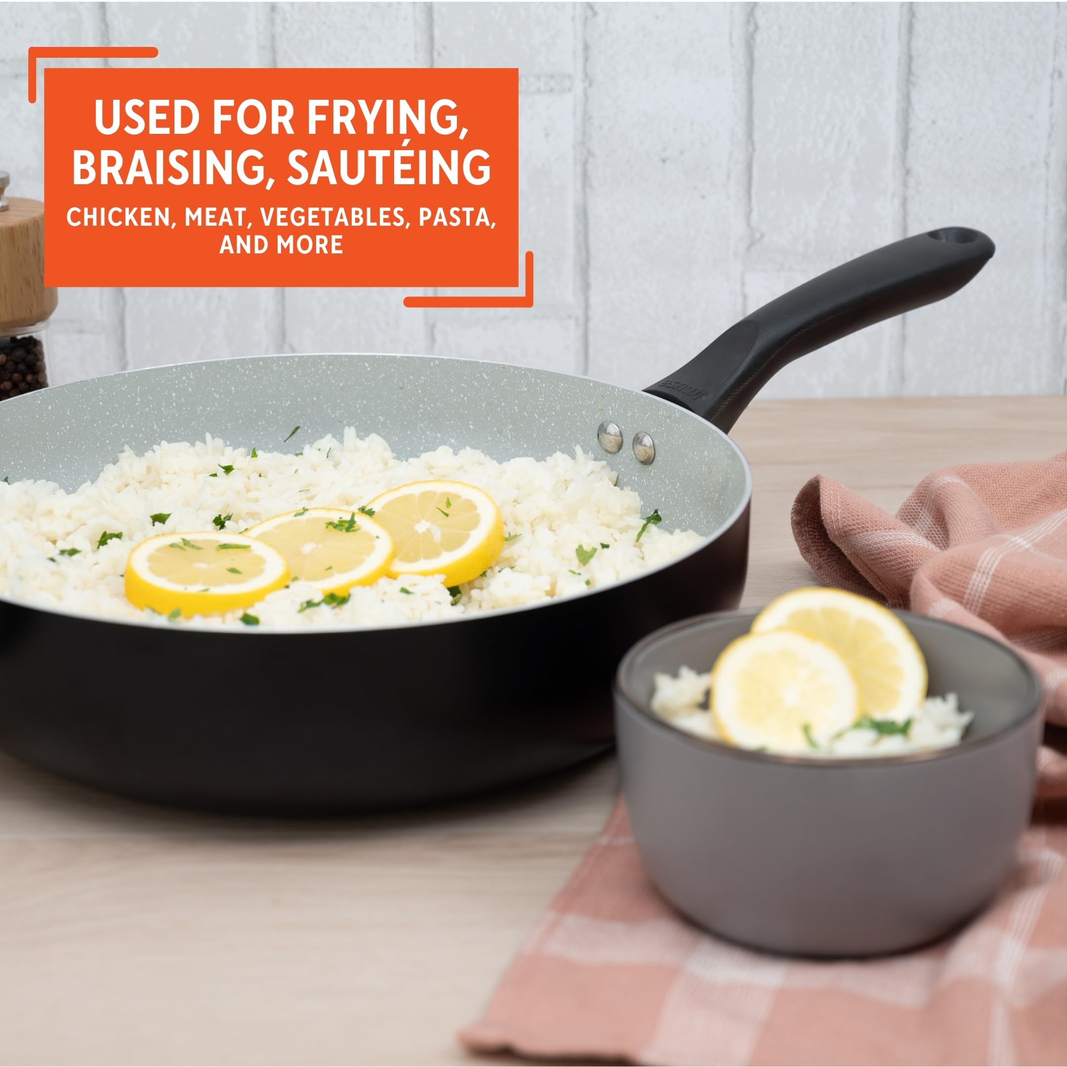 IMUSA 4 Qt Premier Cera Jumbo Cooker – Gray Speckled Ceramic Nonstick Deep Sauté Pan with Cool Touch Handles, Helper Handle, and Matte Black Exterior for Pasta, Meats & Vegetables - Image 6