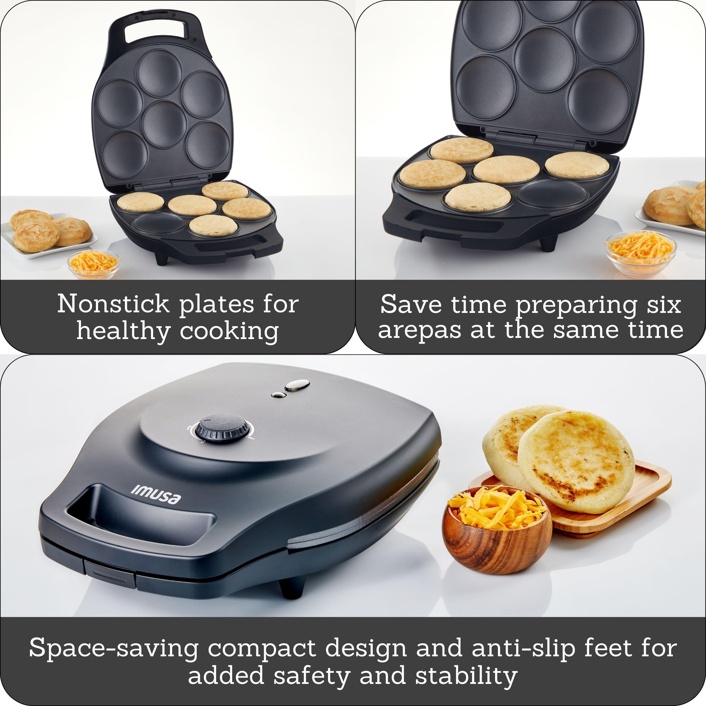 IMUSA 6 Slot Electric Arepa Maker with Temperature Control, Matte Black - Image 3