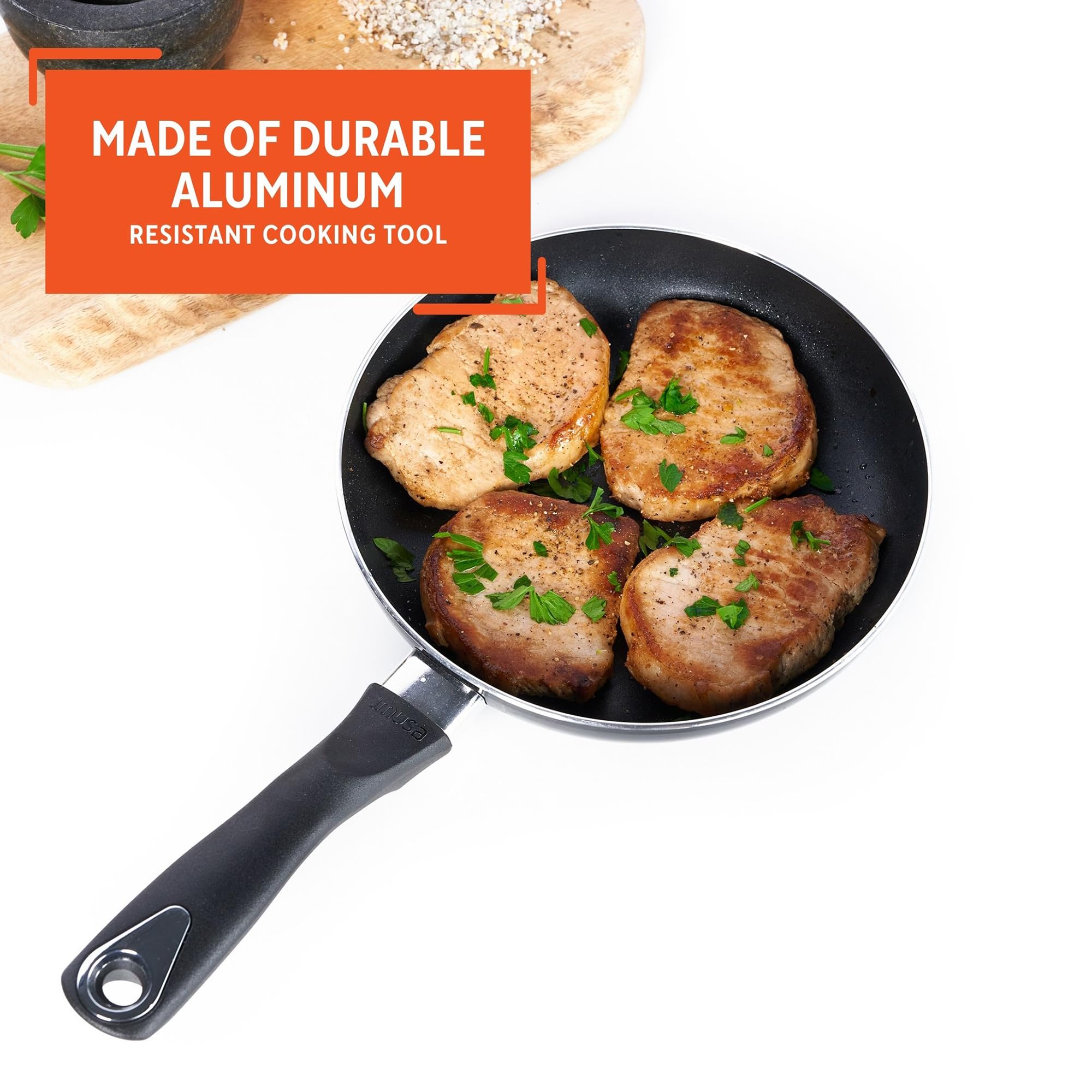 IMUSA 8in Bistro Aluminum Nonstick Fry Pan with Cool Touch Handle, Small Skillet for Eggs, Omelets, Sauteing, and Everyday Cooking, Black - Image 3