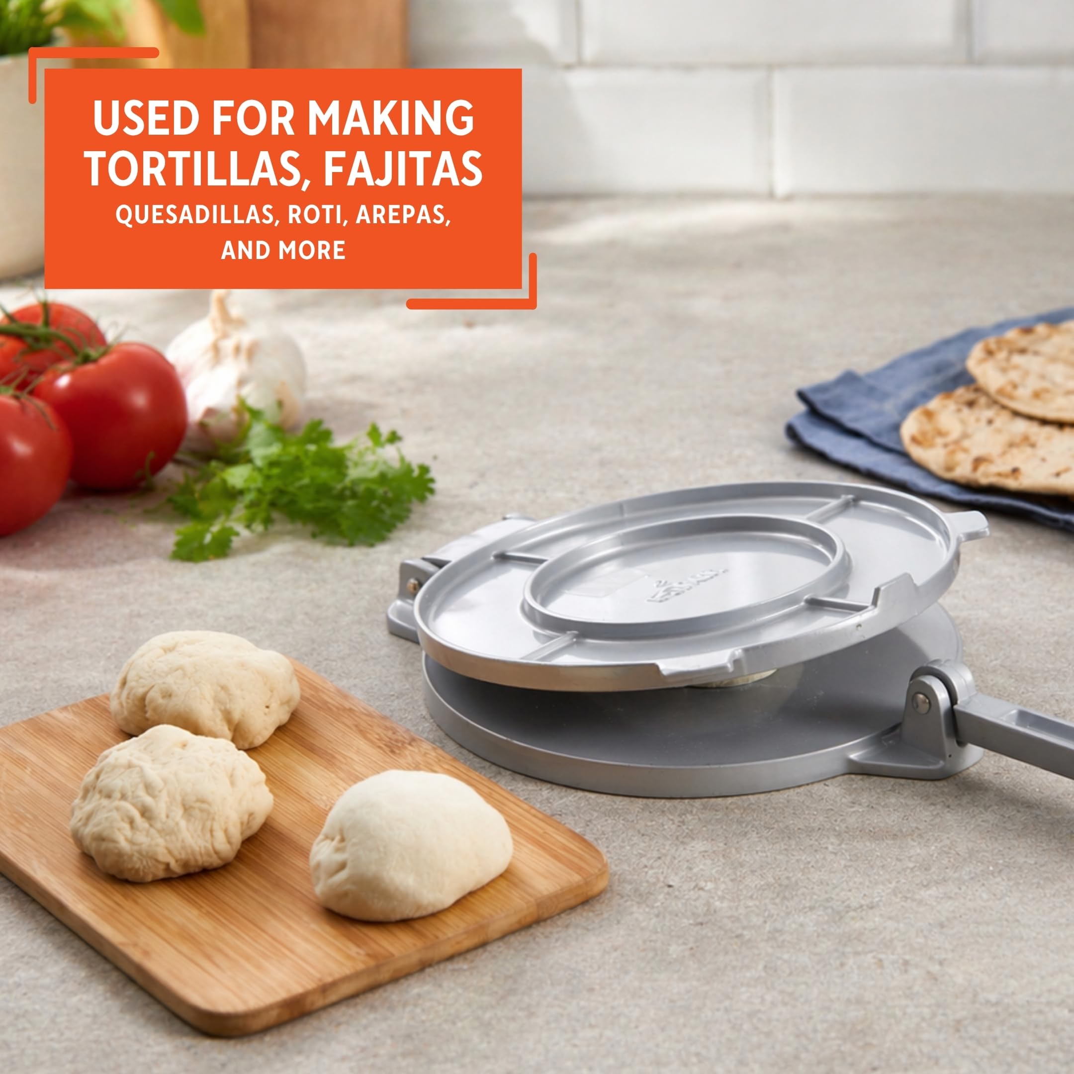 IMUSA 8in Cast Aluminum Tortilla Press, Lightweight Dough Press for Tortillas, Arepas, Empanadas, Roti and Flatbreads, Easy Lever Design, Gray - Image 6