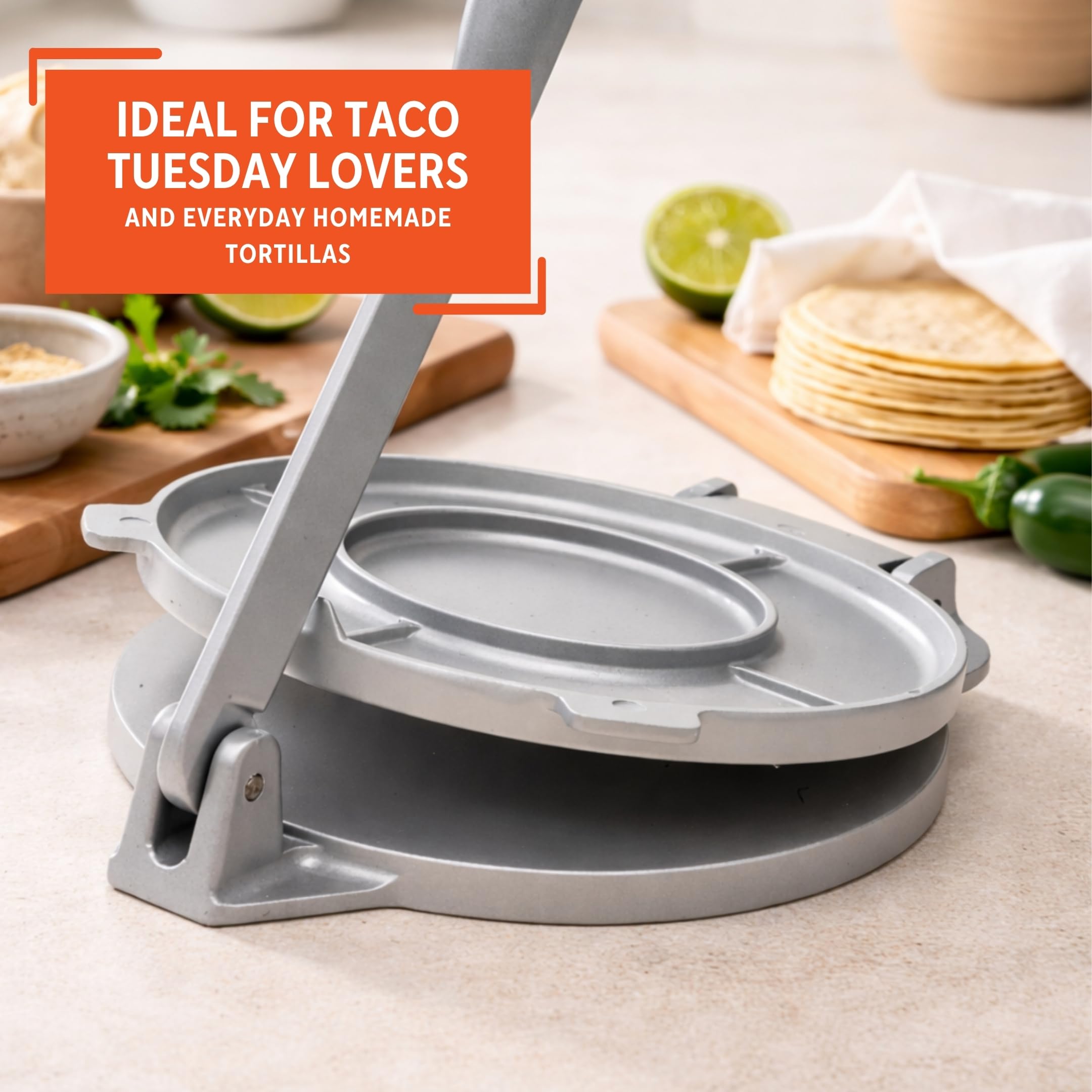 IMUSA 8in Cast Aluminum Tortilla Press, Lightweight Dough Press for Tortillas, Arepas, Empanadas, Roti and Flatbreads, Easy Lever Design, Gray - Image 7