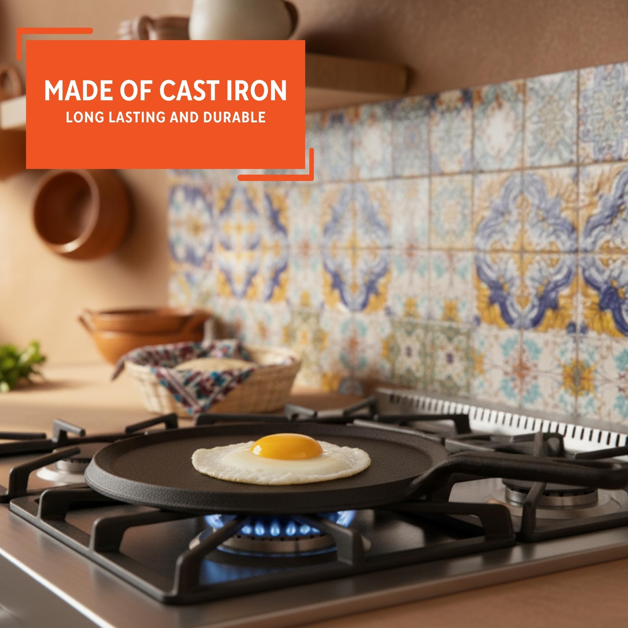 IMUSA 9.5in Preseasoned Cast Iron Comal for Tortillas, Arepas, Quesadillas, Heating & Searing, Heavy-Duty Flat Griddle - Image 3