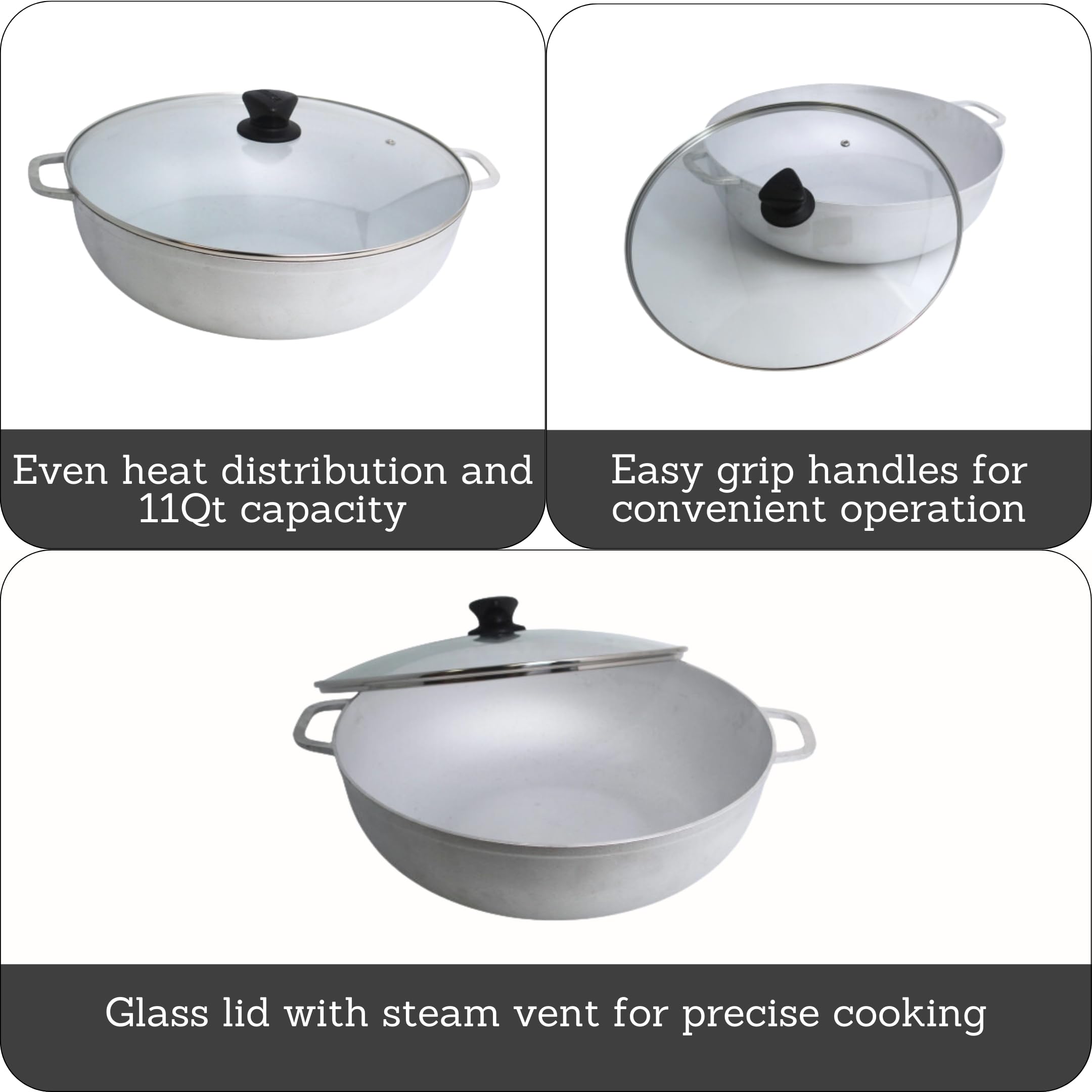 IMUSA Caldero Stock Pot with Glass Lid 11QT, 36cm, Cast Aluminum, Perfect for Serving Big & Medium Groups, Riveted Handles, Made in Colombia, Silver - Image 3