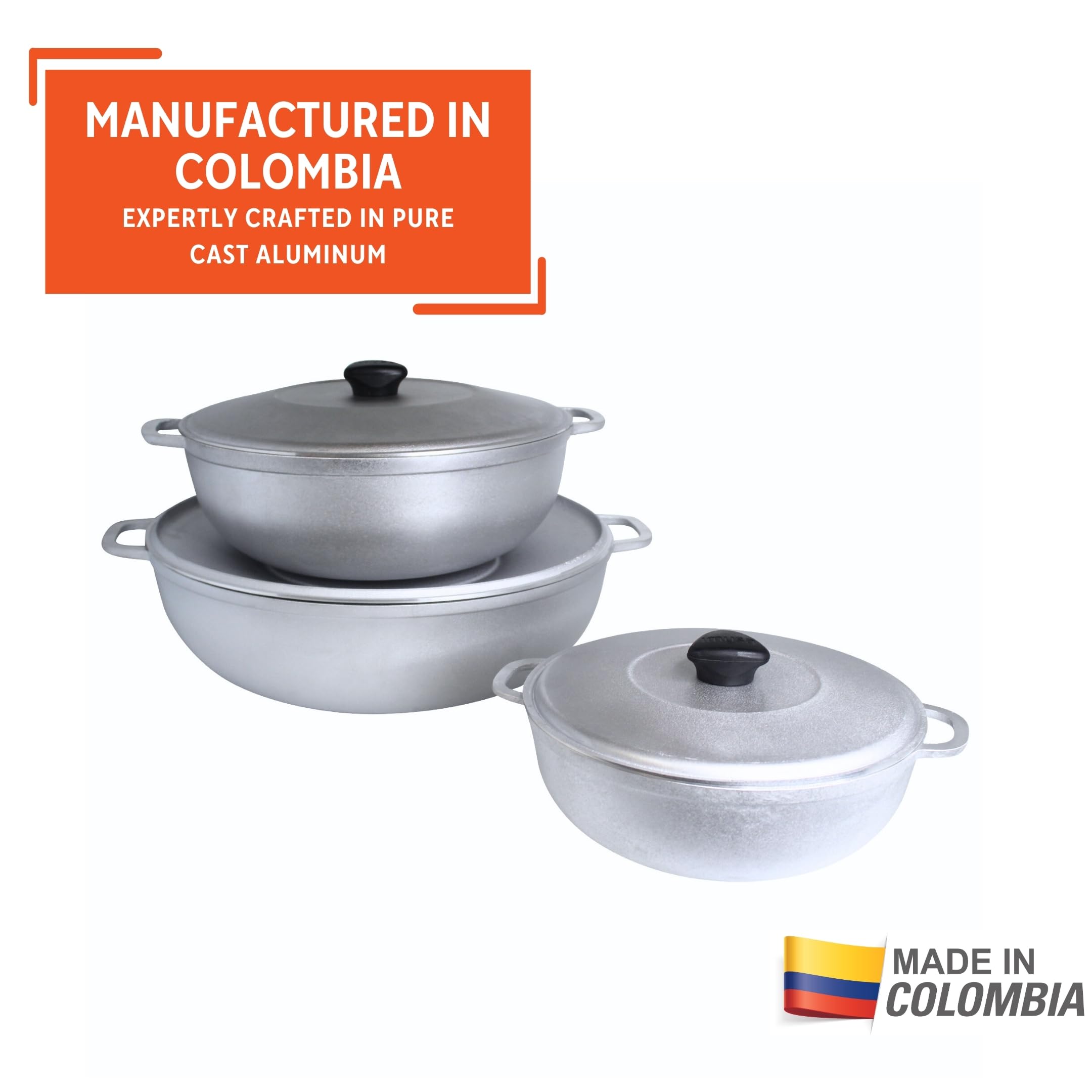 IMUSA Caldero Stock Pot with Lid 3pc Set, 1.5/3.5/7 QT, Cast Aluminum, Perfect for Serving Large & Small Groups, Riveted Handles, Made in Colombia, Silver - Image 3