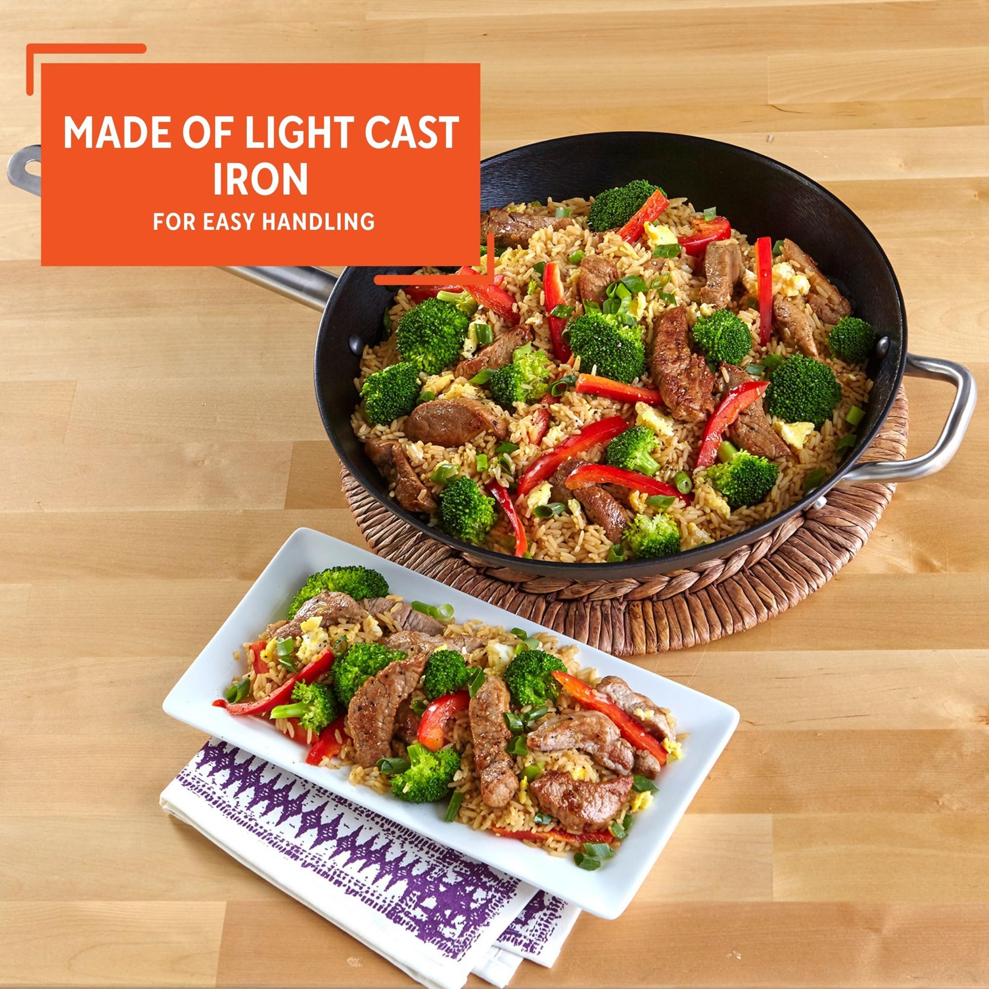 Imusa LCI-19008 USA 14" Light Cast Iron Wok Pre-seasoned Non-Stick with Stainless Steel Handles Cookware, Black - Image 3