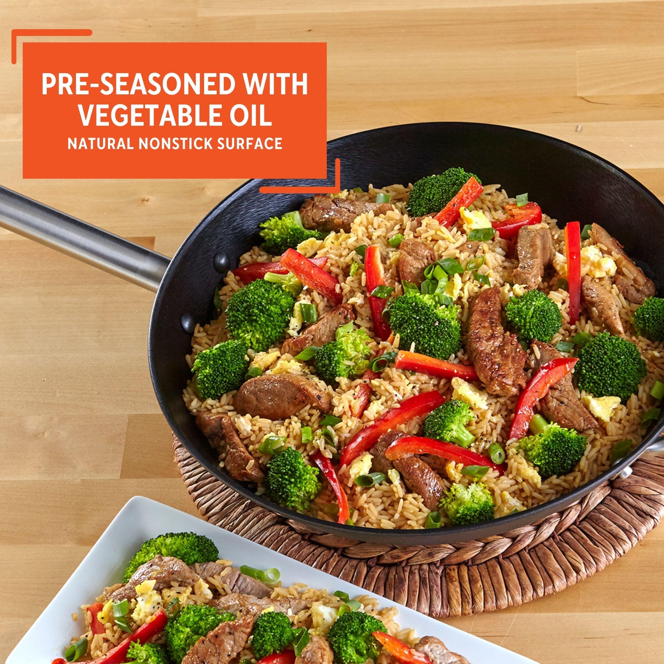 Imusa LCI-19008 USA 14" Light Cast Iron Wok Pre-seasoned Non-Stick with Stainless Steel Handles Cookware, Black - Image 4