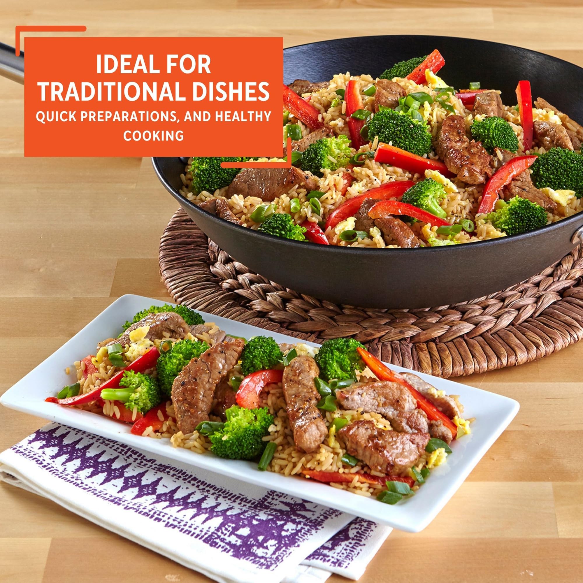 Imusa LCI-19008 USA 14" Light Cast Iron Wok Pre-seasoned Non-Stick with Stainless Steel Handles Cookware, Black - Image 7