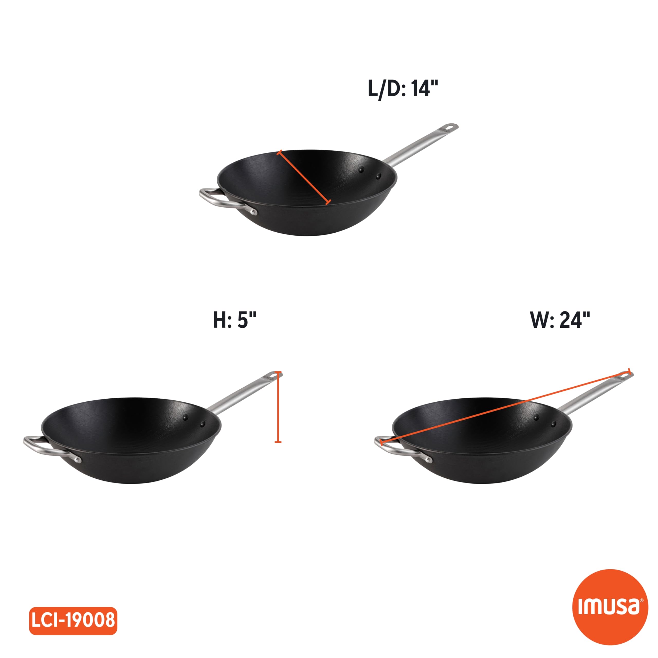 Imusa LCI-19008 USA 14" Light Cast Iron Wok Pre-seasoned Non-Stick with Stainless Steel Handles Cookware, Black - Image 8