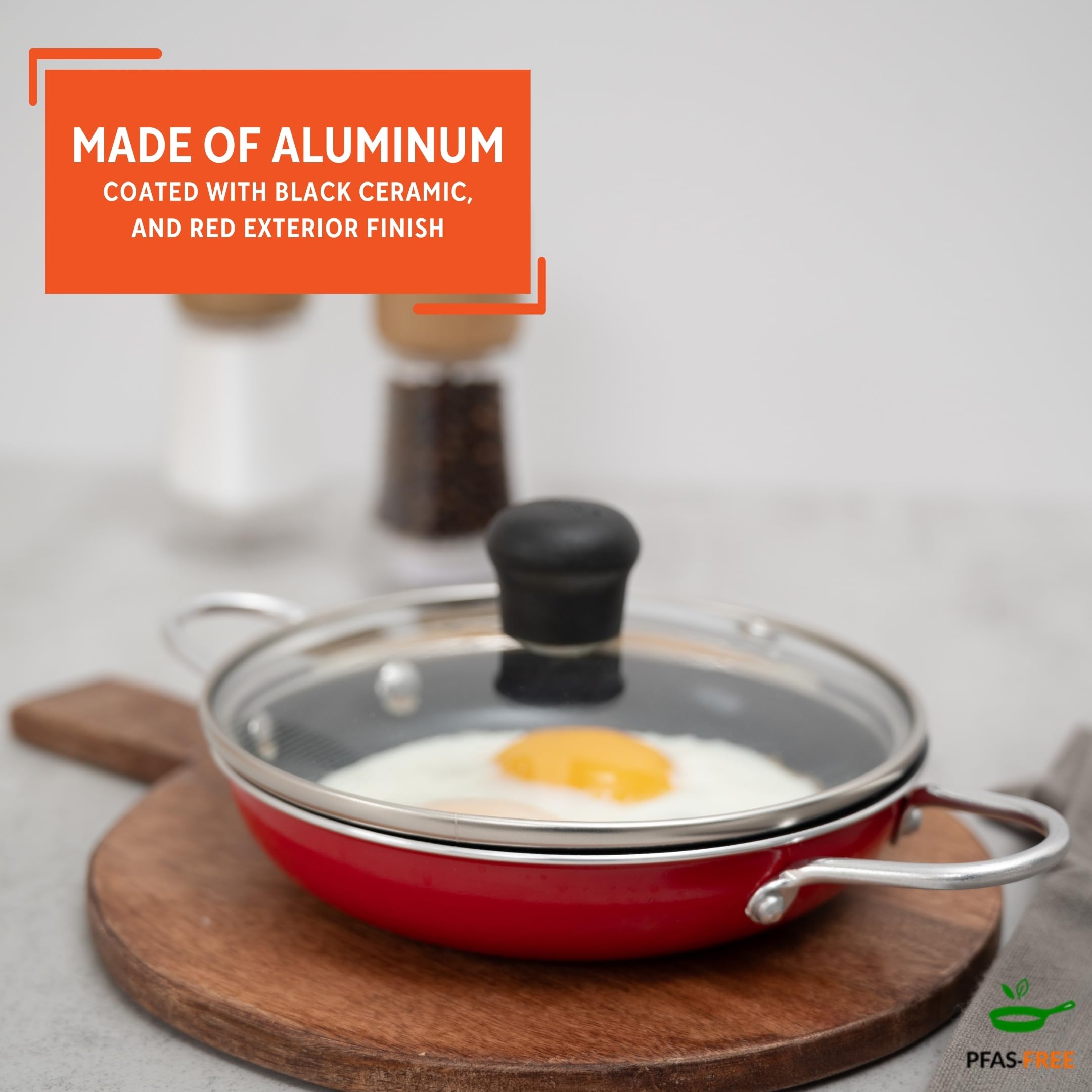 IMUSA Mini Fry Pan 5.8” Nonstick Skillet, Caribbean Red Ceramic Egg Pan with Glass Lid, Small Aluminum Cookware for Single Servings, PFAS Free - Image 3