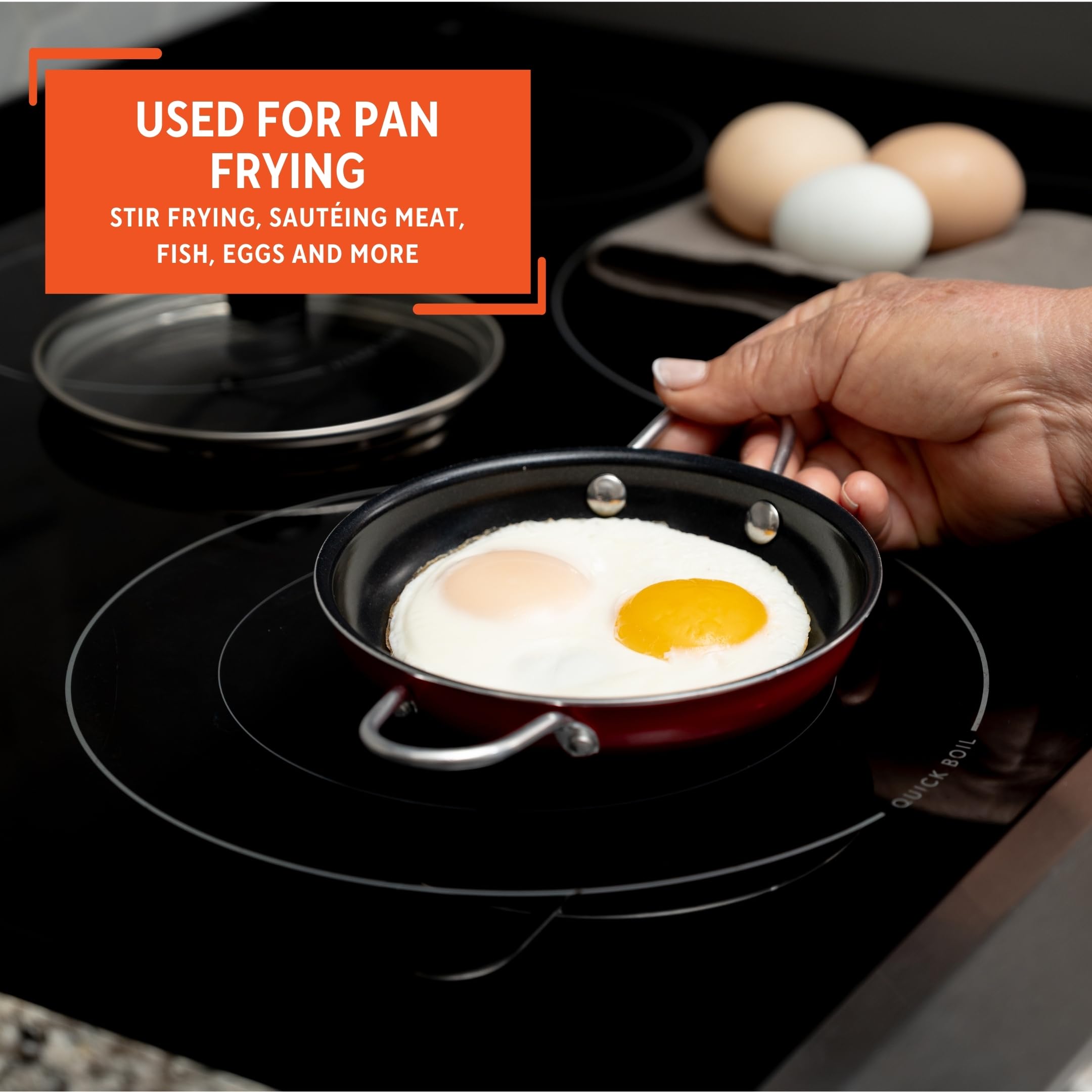 IMUSA Mini Fry Pan 5.8” Nonstick Skillet, Caribbean Red Ceramic Egg Pan with Glass Lid, Small Aluminum Cookware for Single Servings, PFAS Free - Image 6