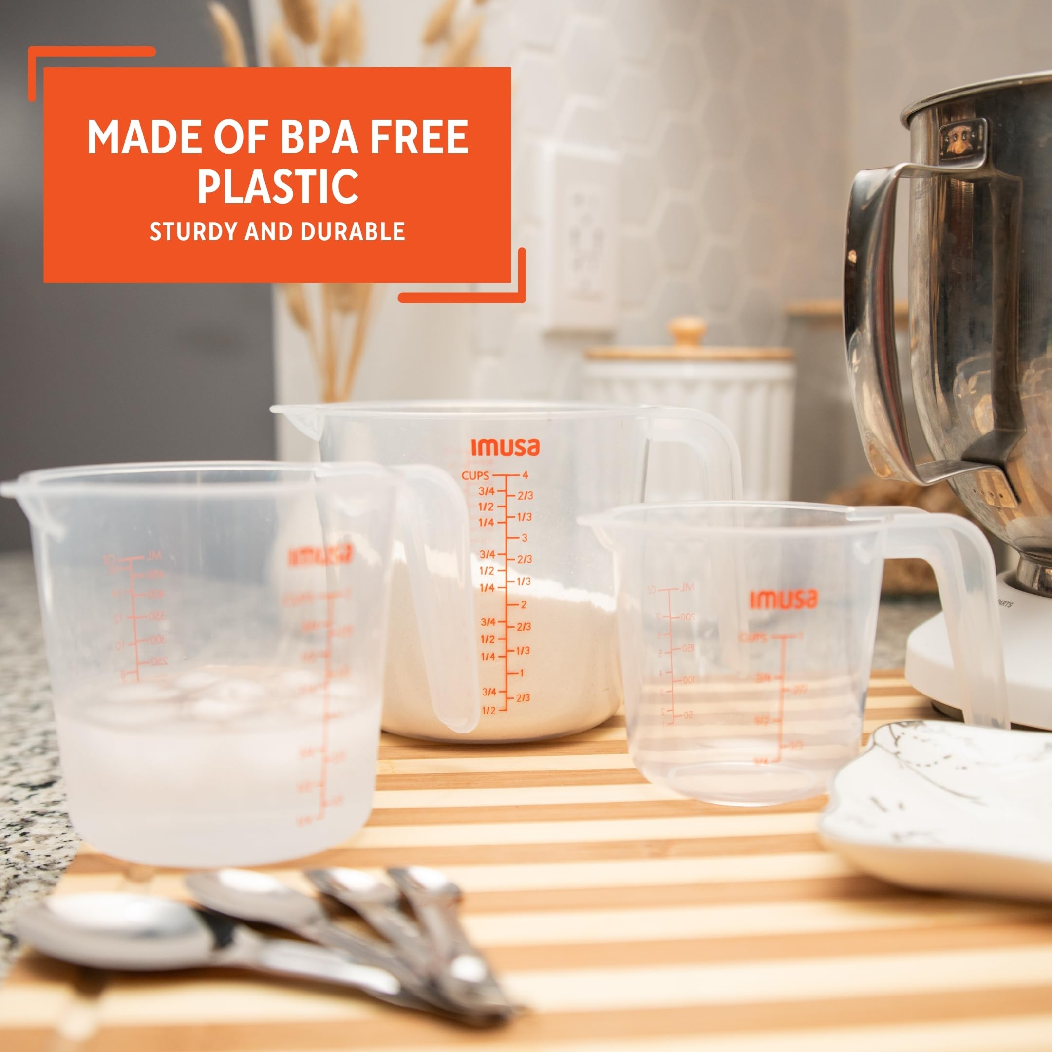 IMUSA Plastic Measuring Cups Set of 3/1,2 & 4 Cup with Easy Pour Spout & Red Indicators, Nesting Liquid and Dry Measuring Cups for Cooking & Baking - Image 3