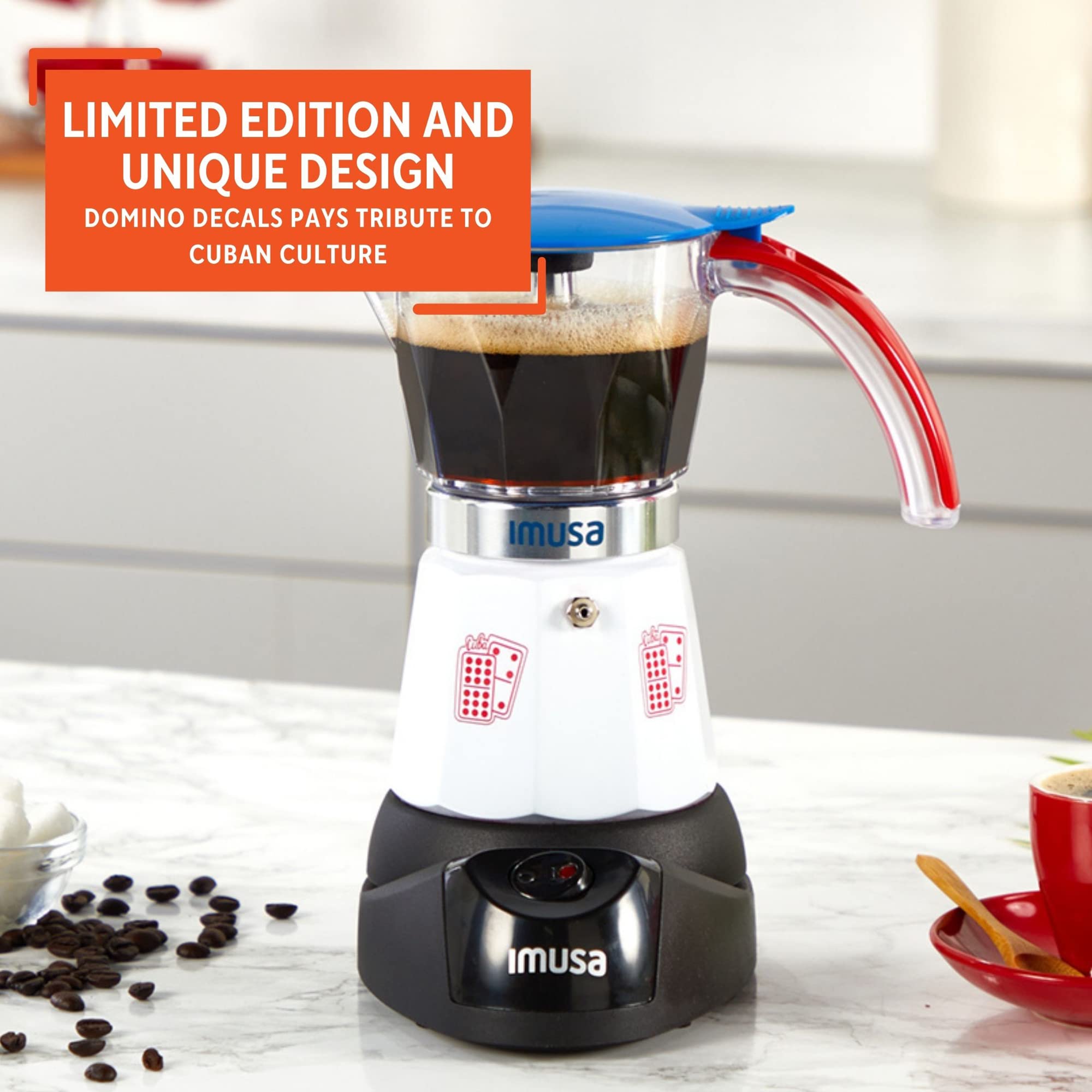 Imusa Special Edition Electric Cuba/Domino themed Espresso Maker, 3 or 6 Cups, White, Red, Blue - Image 3