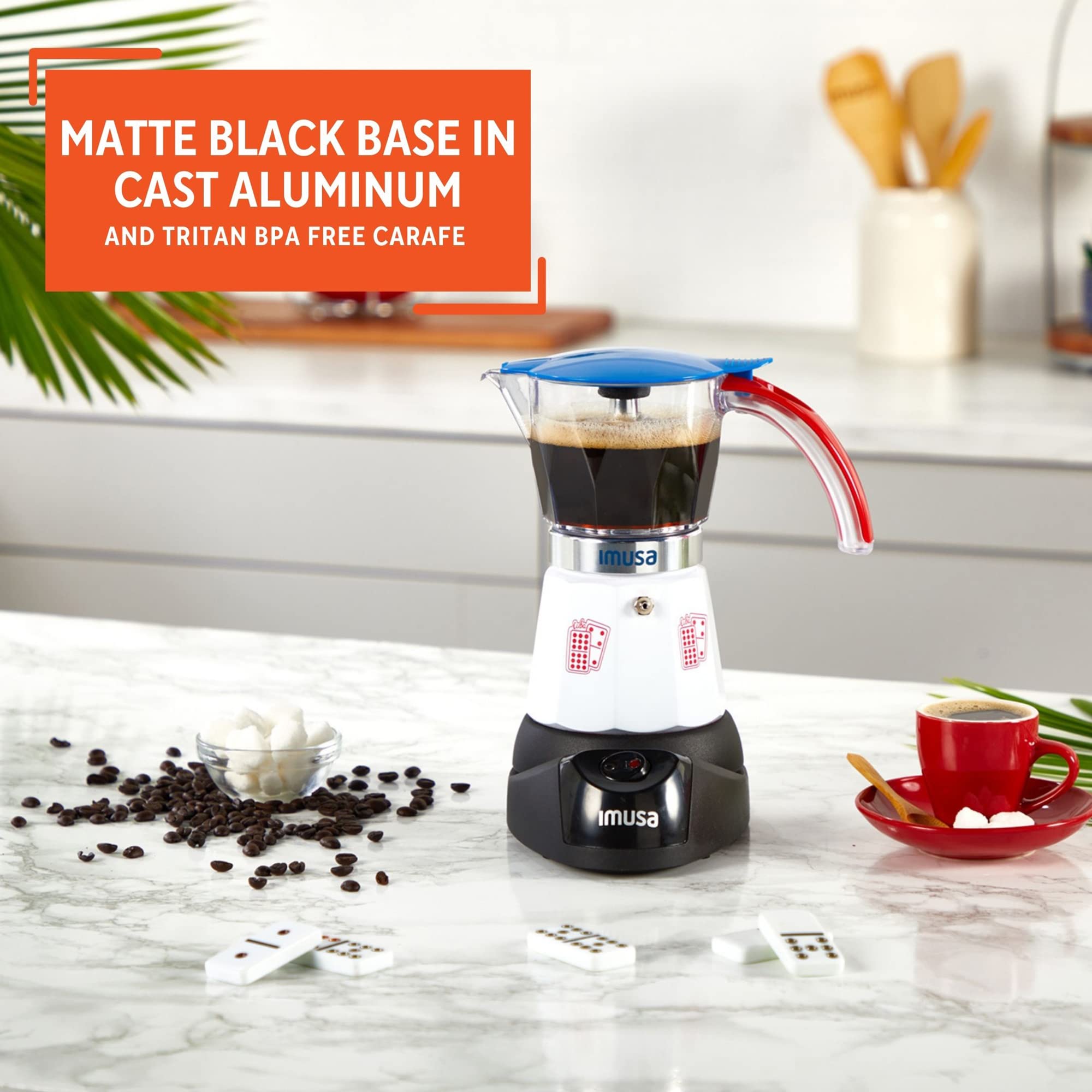 Imusa Special Edition Electric Cuba/Domino themed Espresso Maker, 3 or 6 Cups, White, Red, Blue - Image 4