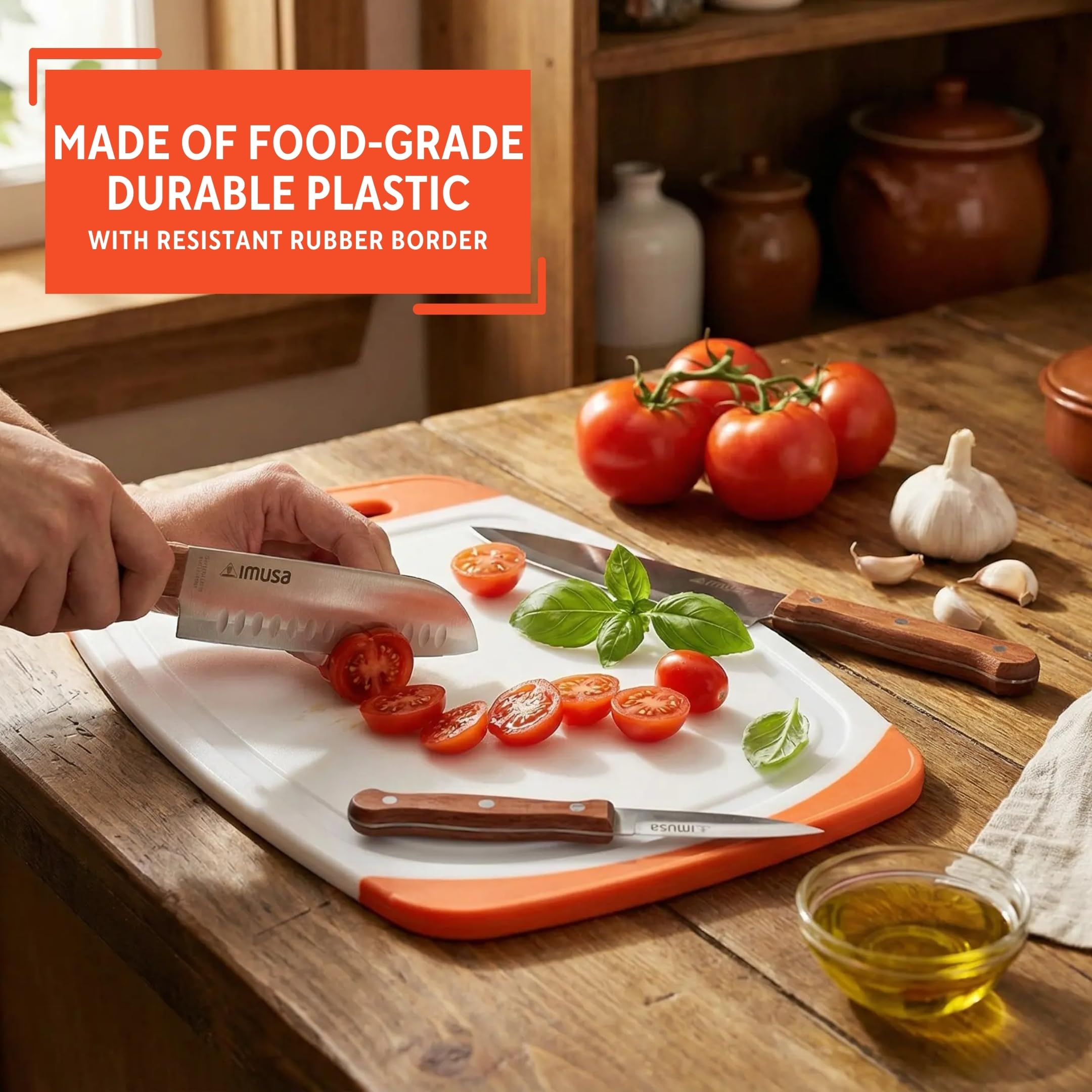 IMUSA Stainless Steel Knife Set with Cutting Board 4 Piece | 3.5” Paring Knife, 7” Santoku Knife, 8” Chef Knife with Wood Handle | Durable Plastic Chopping Board for Mincing, Slicing and Dicing - Image 3