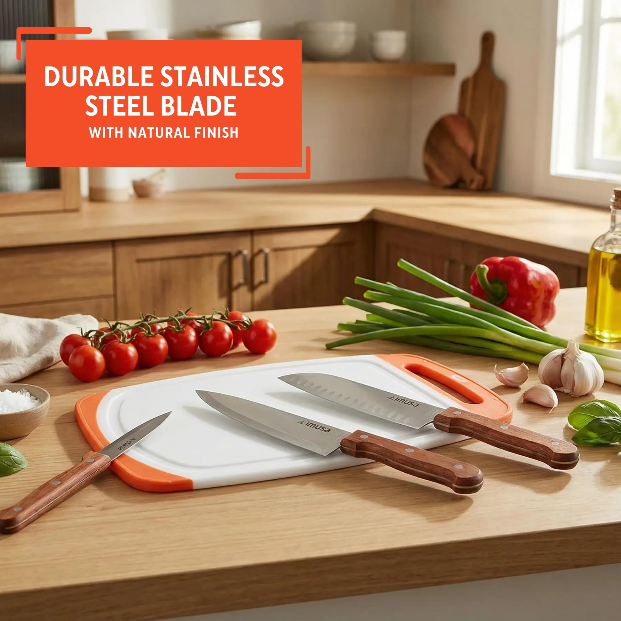 IMUSA Stainless Steel Knife Set with Cutting Board 4 Piece | 3.5” Paring Knife, 7” Santoku Knife, 8” Chef Knife with Wood Handle | Durable Plastic Chopping Board for Mincing, Slicing and Dicing - Image 4