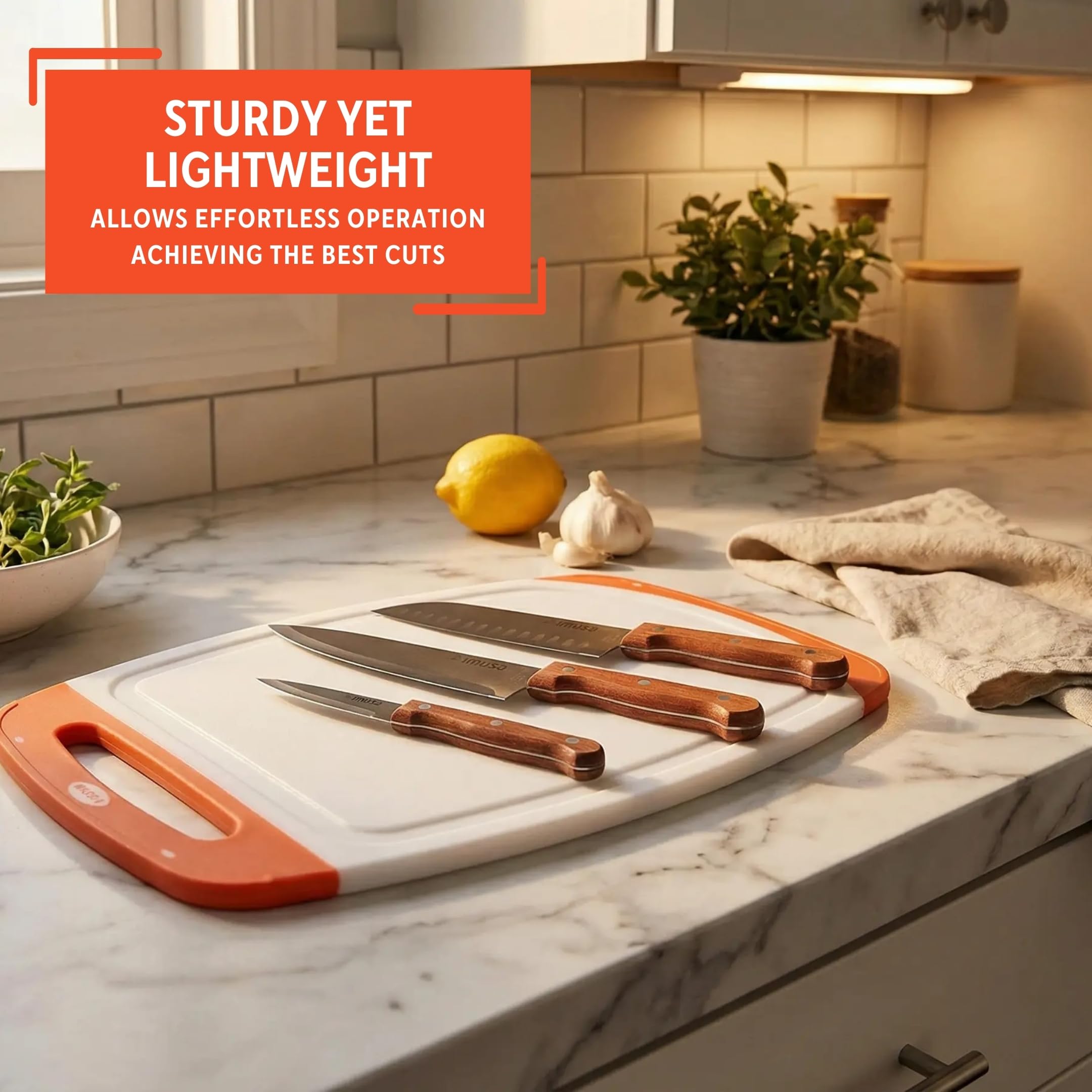 IMUSA Stainless Steel Knife Set with Cutting Board 4 Piece | 3.5” Paring Knife, 7” Santoku Knife, 8” Chef Knife with Wood Handle | Durable Plastic Chopping Board for Mincing, Slicing and Dicing - Image 5