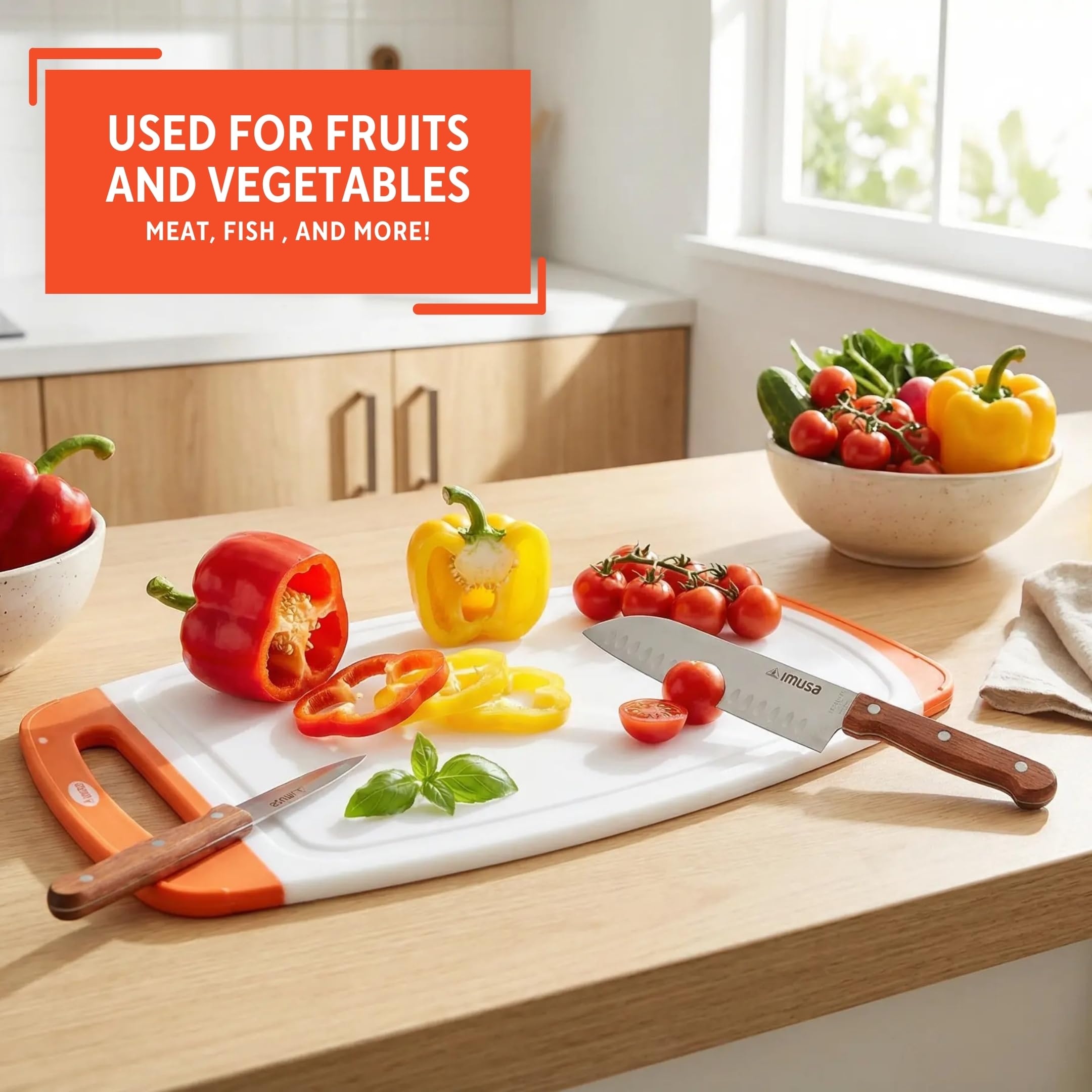 IMUSA Stainless Steel Knife Set with Cutting Board 4 Piece | 3.5” Paring Knife, 7” Santoku Knife, 8” Chef Knife with Wood Handle | Durable Plastic Chopping Board for Mincing, Slicing and Dicing - Image 6