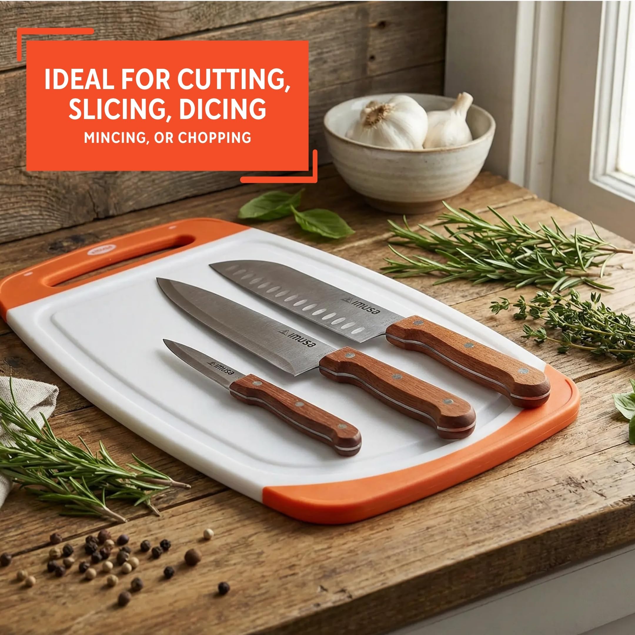 IMUSA Stainless Steel Knife Set with Cutting Board 4 Piece | 3.5” Paring Knife, 7” Santoku Knife, 8” Chef Knife with Wood Handle | Durable Plastic Chopping Board for Mincing, Slicing and Dicing - Image 7