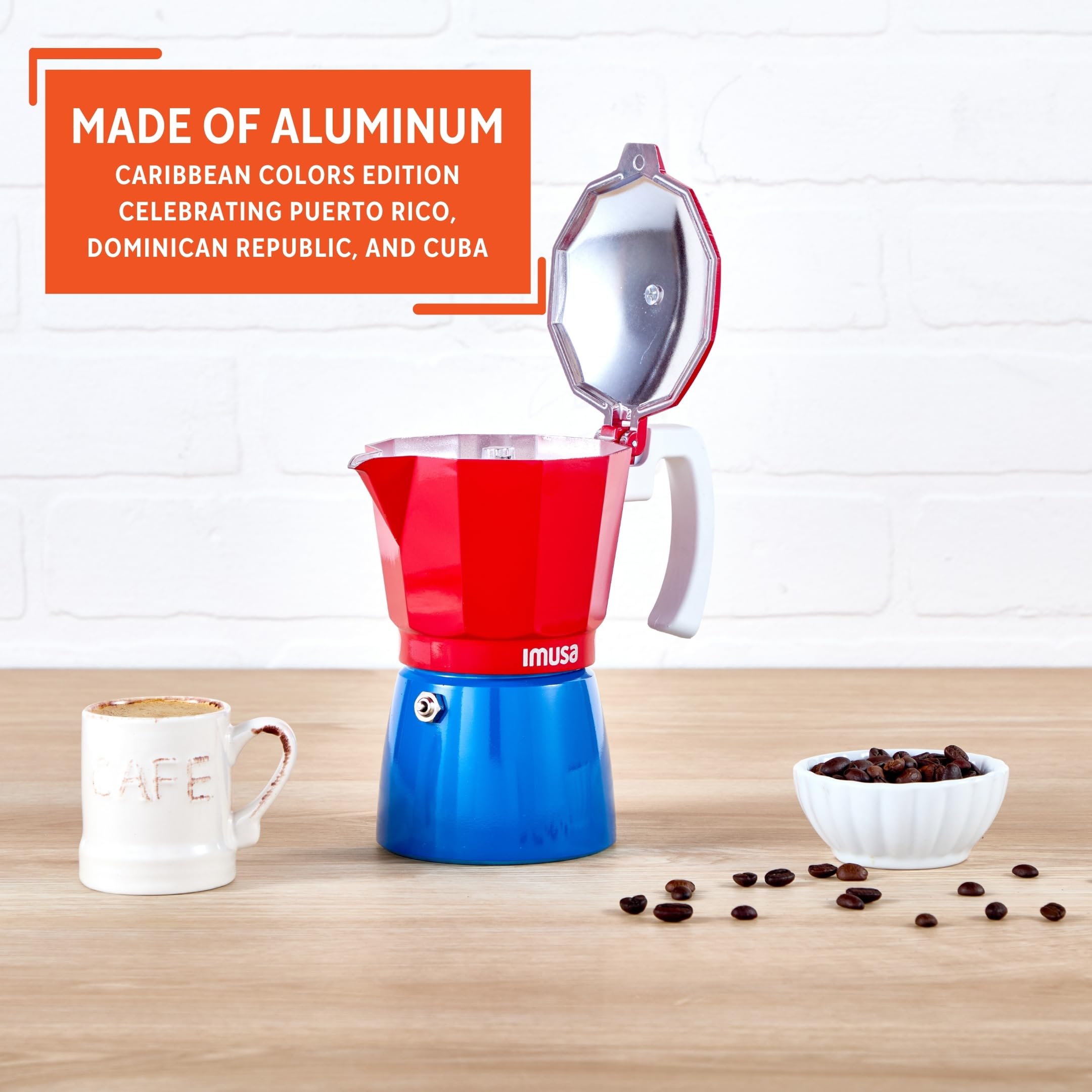 IMUSA Stovetop Espresso Maker 6 Cup – Cast Aluminum Moka Pot Caribbean Colors Edition Red Blue White – Cafetera Italiana Espresso Cuban Coffee Maker - Image 3