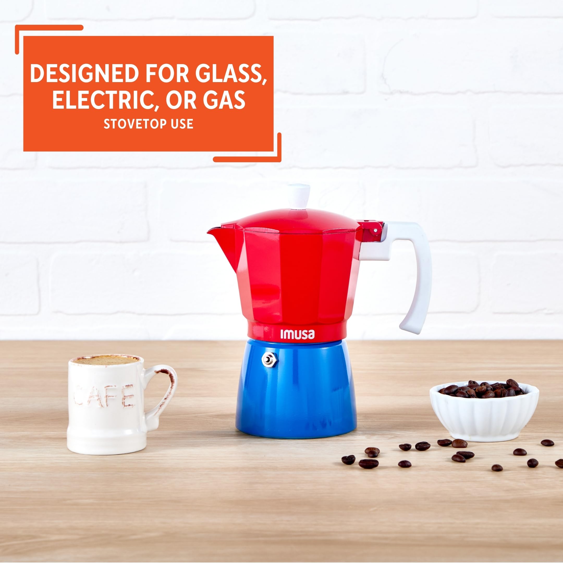 IMUSA Stovetop Espresso Maker 6 Cup – Cast Aluminum Moka Pot Caribbean Colors Edition Red Blue White – Cafetera Italiana Espresso Cuban Coffee Maker - Image 4