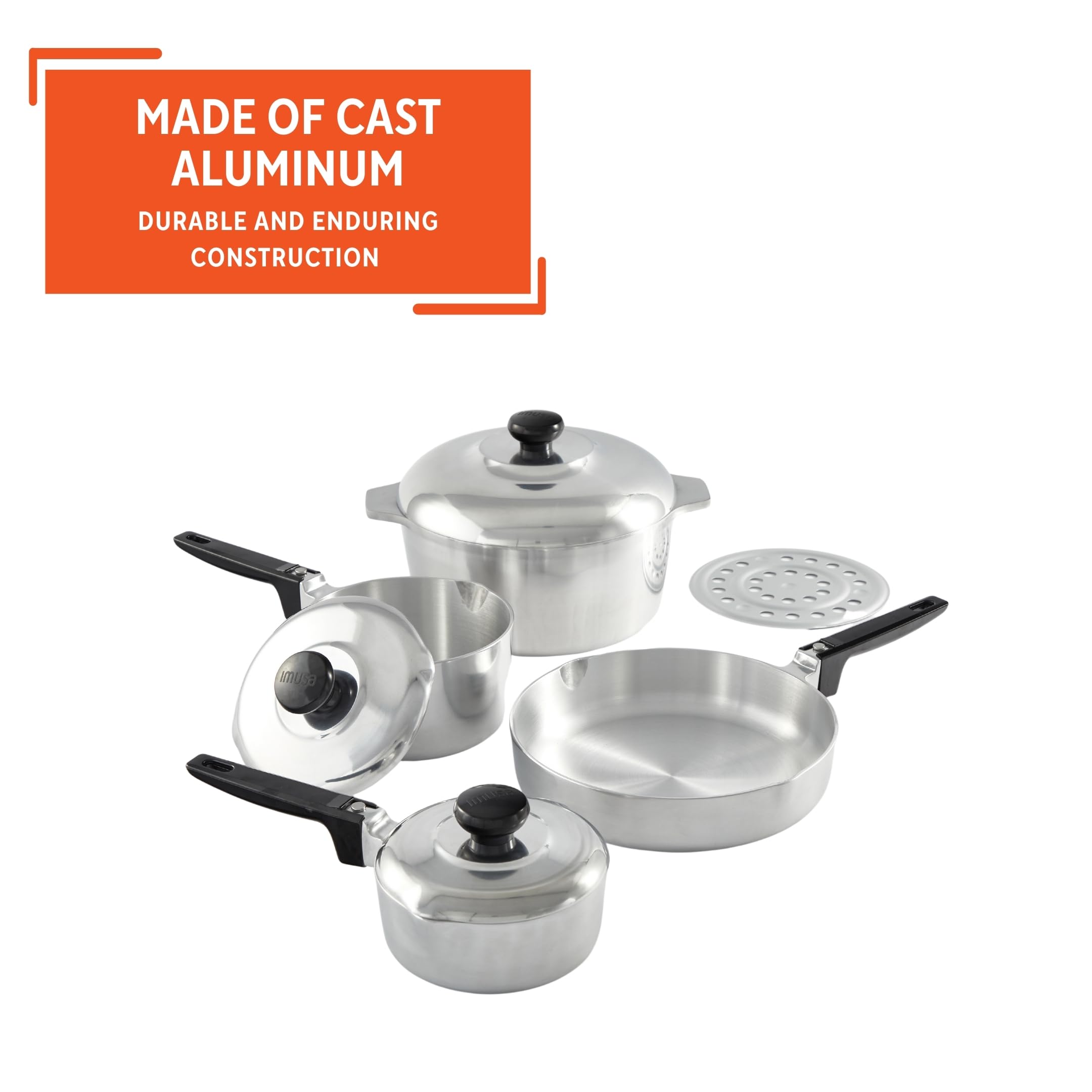 IMUSA USA Heavy Duty 8-Piece Cast Aluminum Cajun Cookware Set, Silver - Image 3